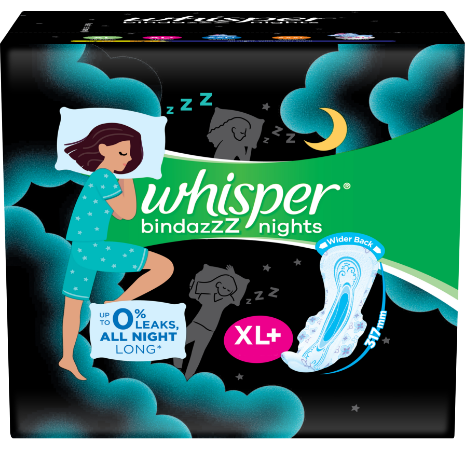 Whisper Bindazzz Night Koala Soft XXXL+ Sanitary Pads - 85% Longer With  Upto 0% Leaks, 8 Pads