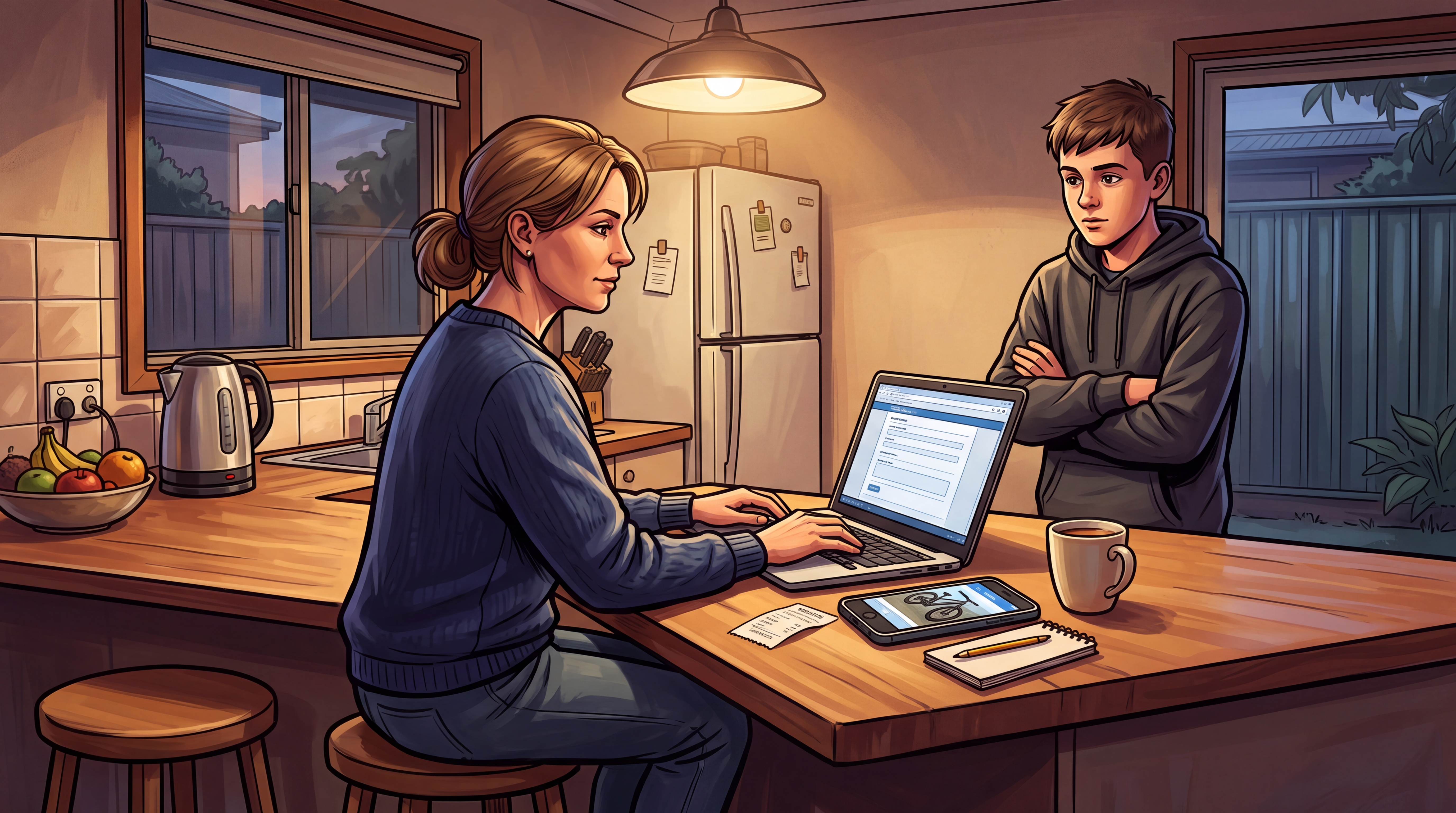 A mother fills in an online theft report on her laptop at the kitchen bench, her phone beside her showing a photo of the stolen e-bike, while her teenage son looks on.