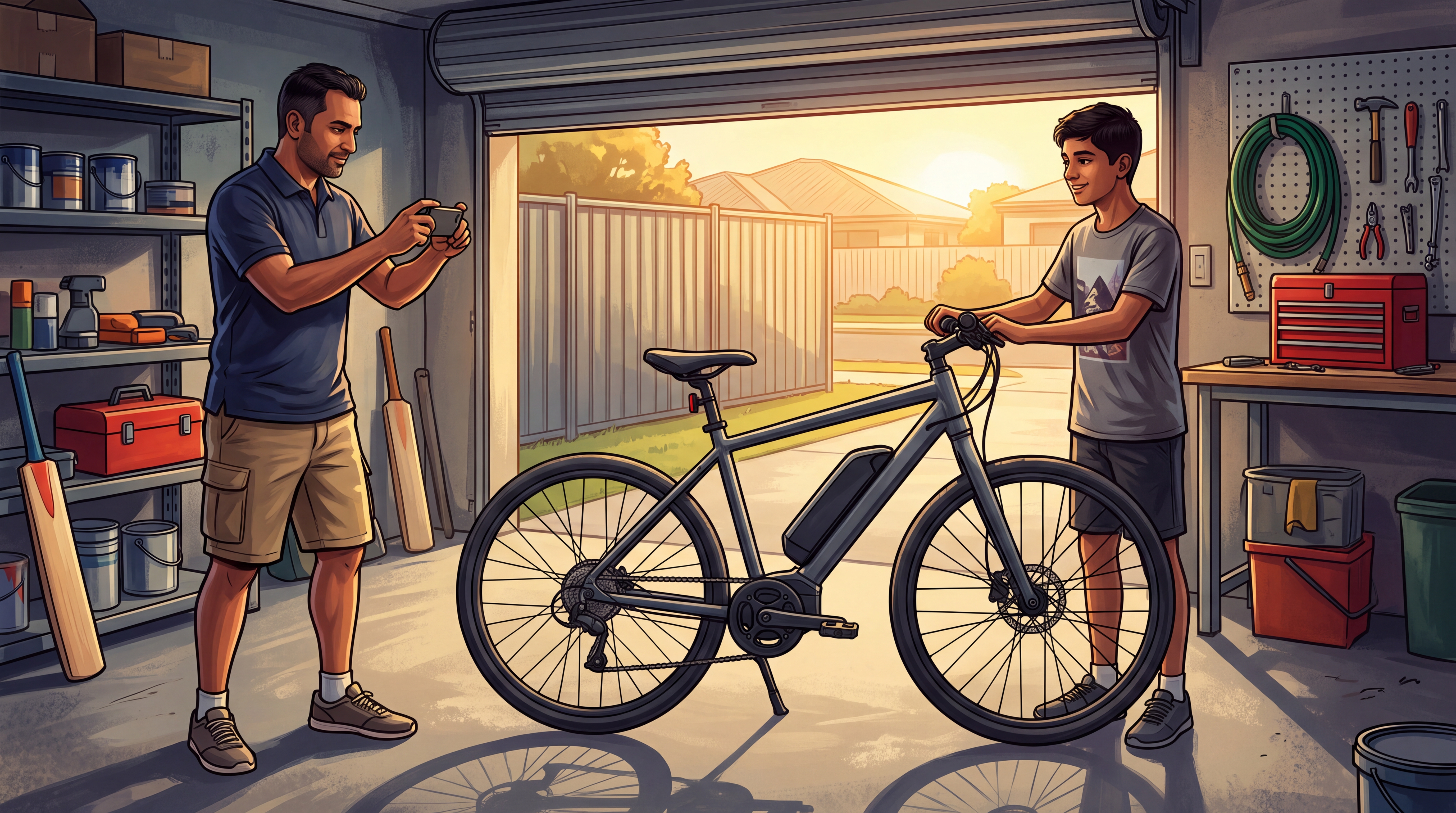 A father photographs his teenage son's e-bike side on in a garage while his son steadies the handlebars.