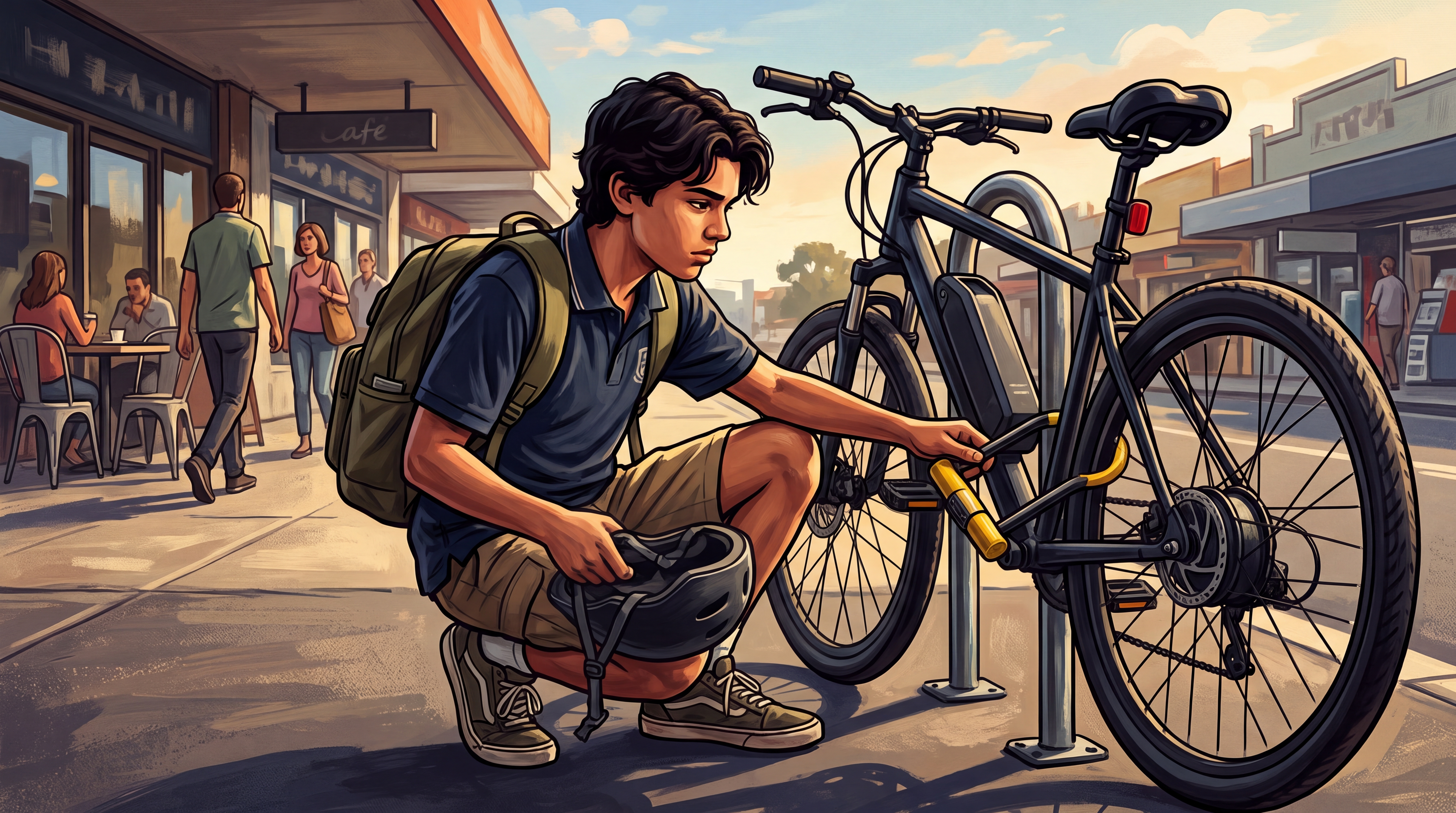 A teen boy crouches to lock his e-bike to a bike hoop with a U-lock outside a suburban shopping strip.