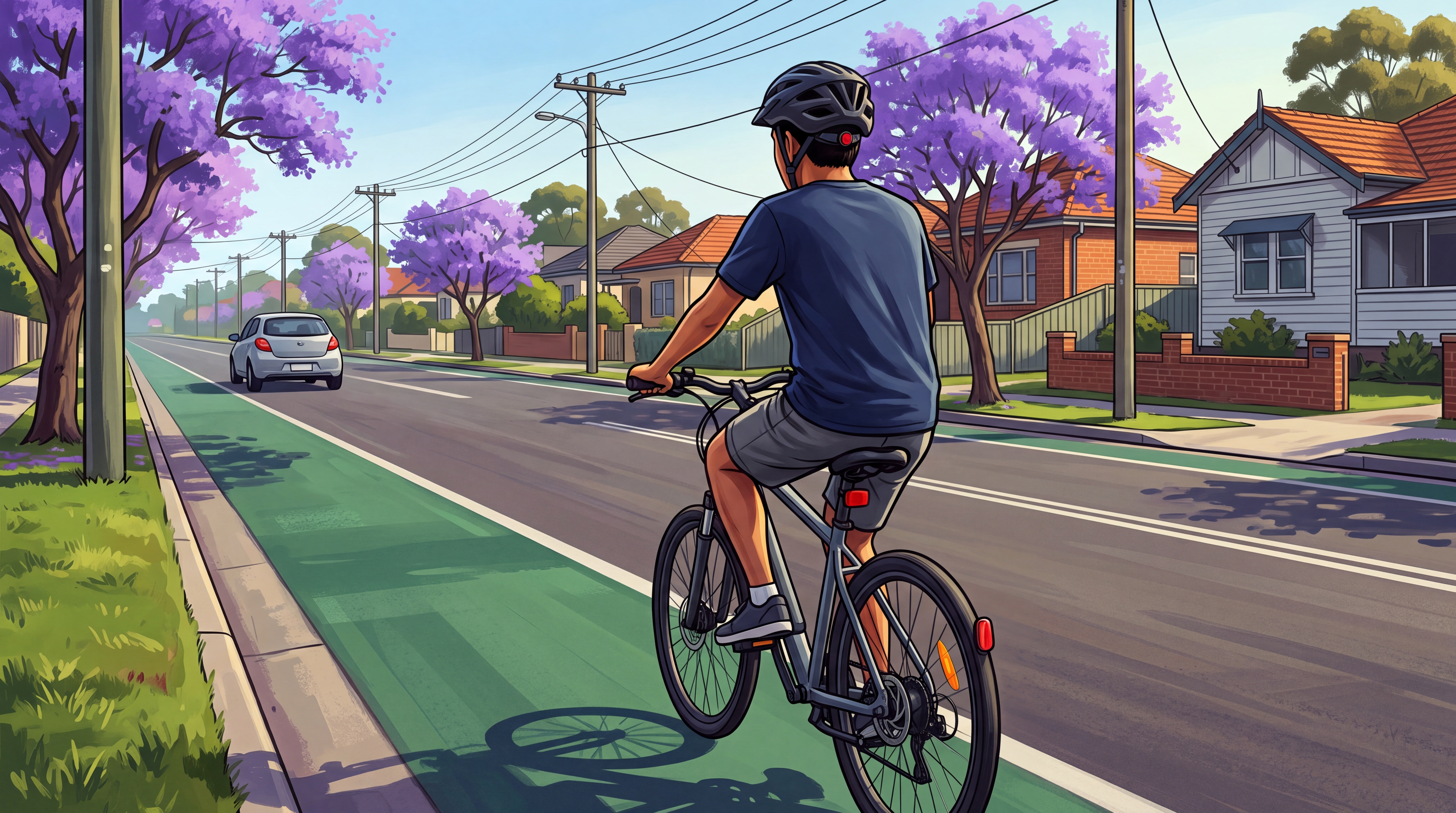 A teenage rider in a fastened helmet pedals an e-bike away along a green kerbside bike lane on a Sydney street lined with jacarandas.