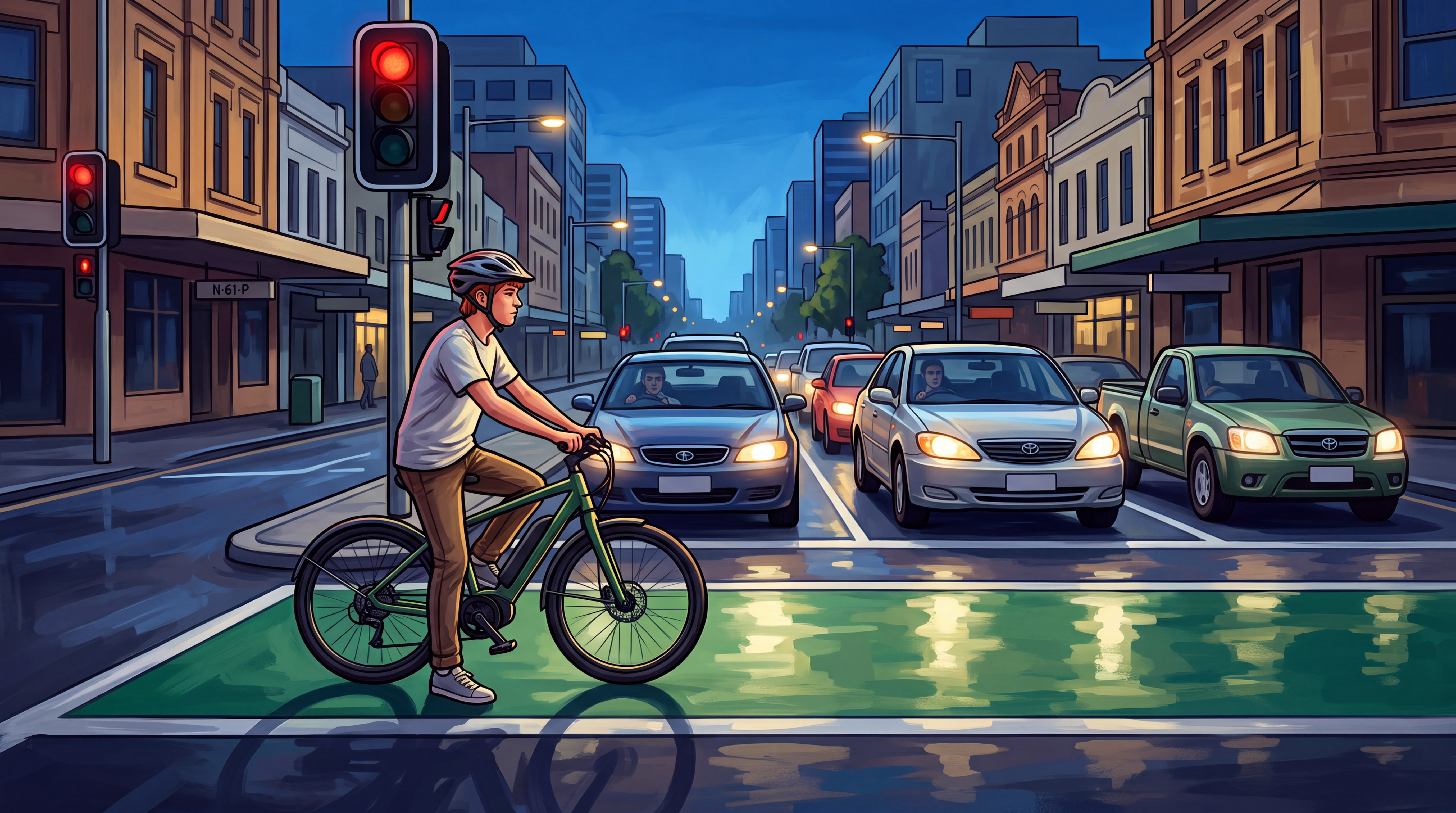 A teen rider waits with one foot down in a green bike box at a red traffic light in the city, ahead of a line of stopped cars at dusk.