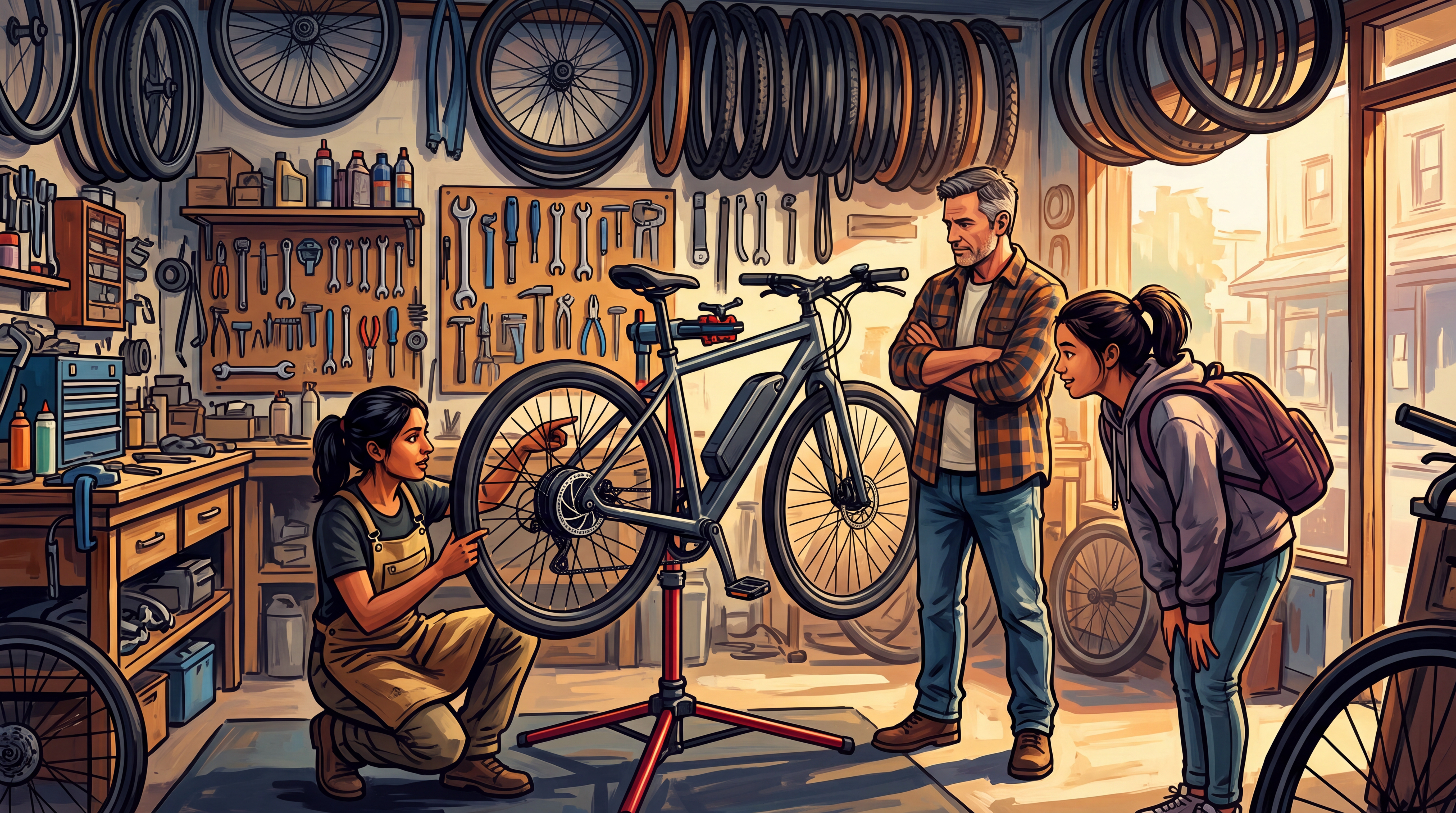 A bike mechanic points to the rear hub motor of an e-bike on a workstand while a dad and his teenage daughter listen.