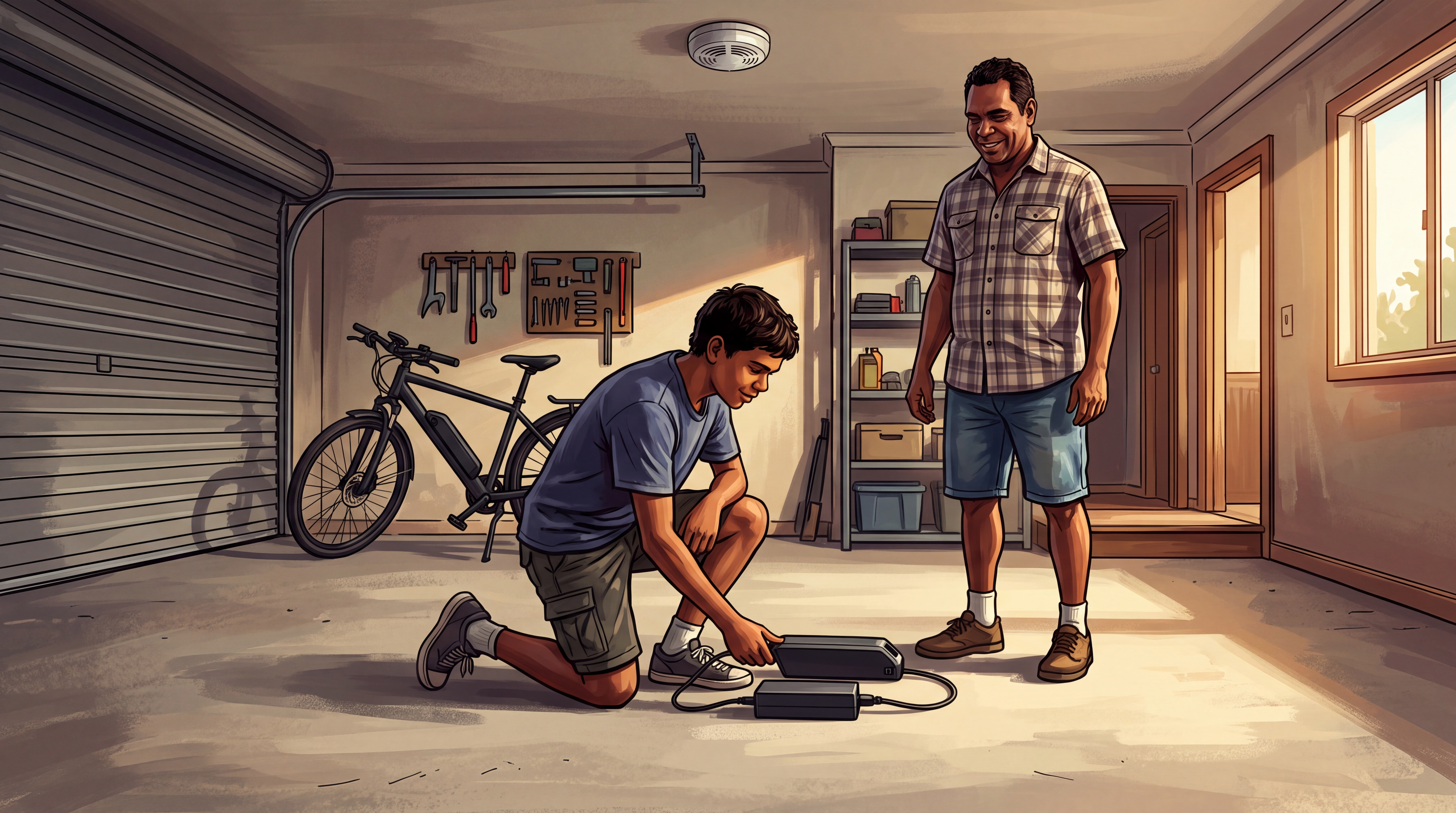 A teen plugs an e-bike battery into its charger on a bare concrete garage floor under a smoke alarm while his dad watches.