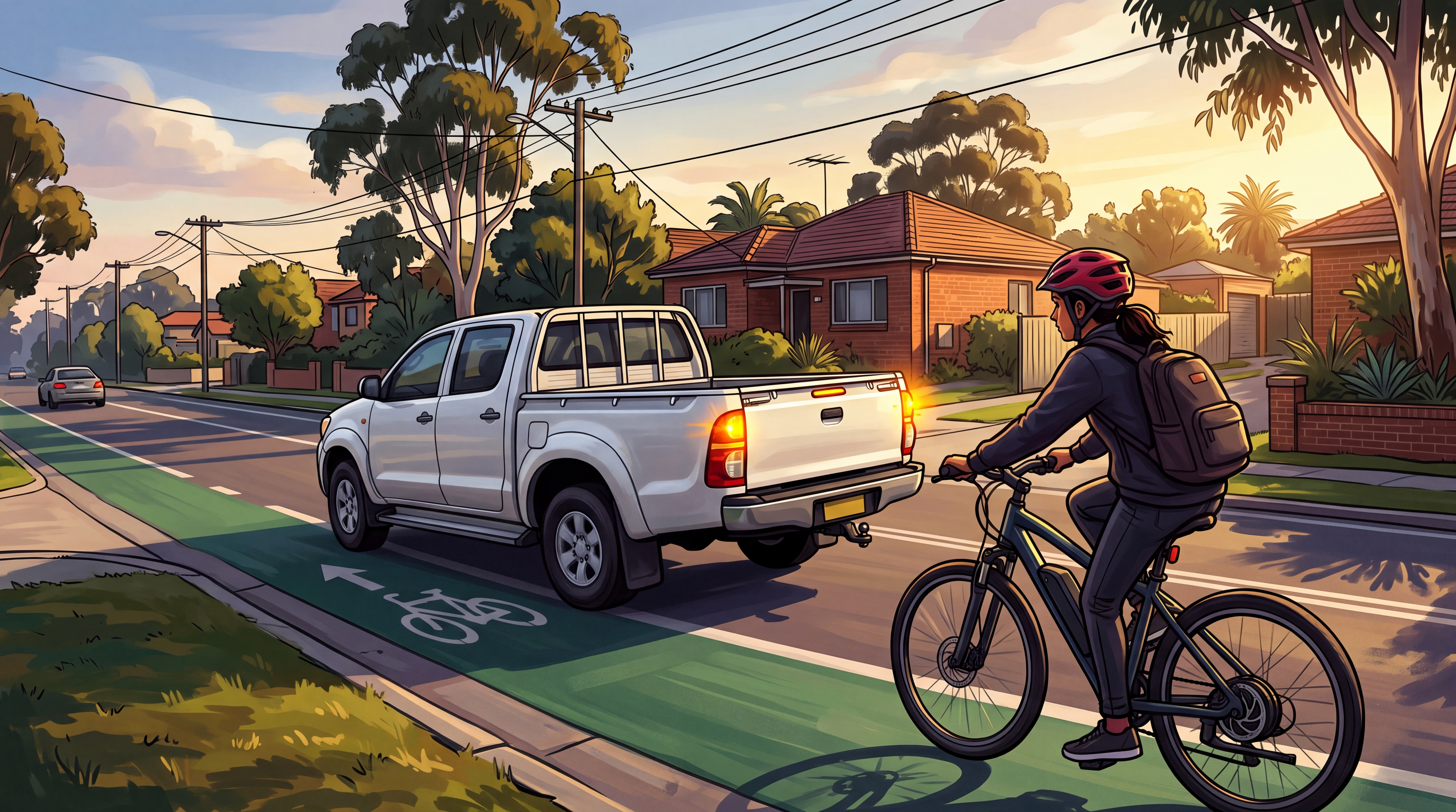 A teen rider on an e-bike hangs back in a green bike lane while a white ute with its indicator flashing moves ahead of her near a side street.