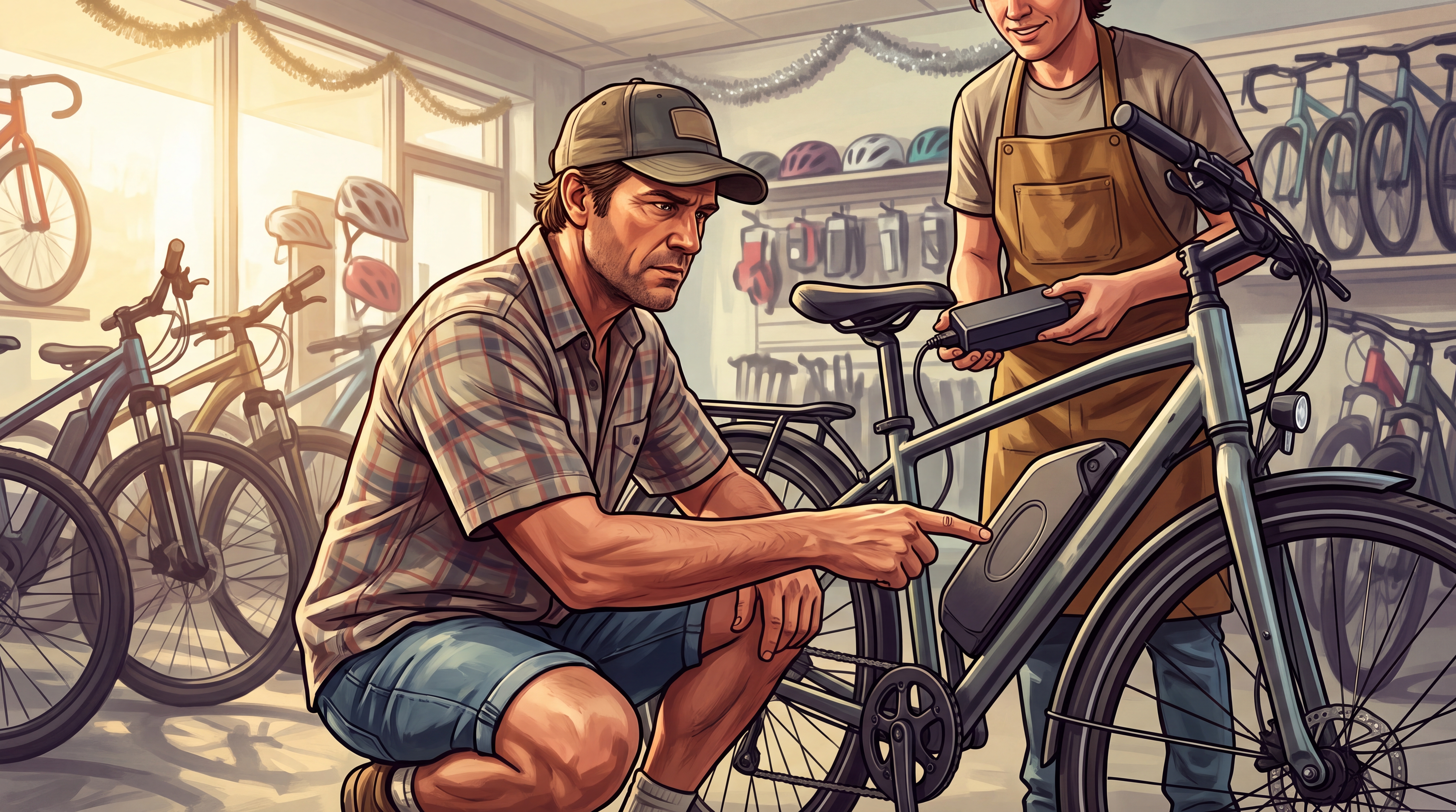 A dad crouches in a bike shop pointing at the approval mark on an e-bike battery while a shop worker shows him the charger.