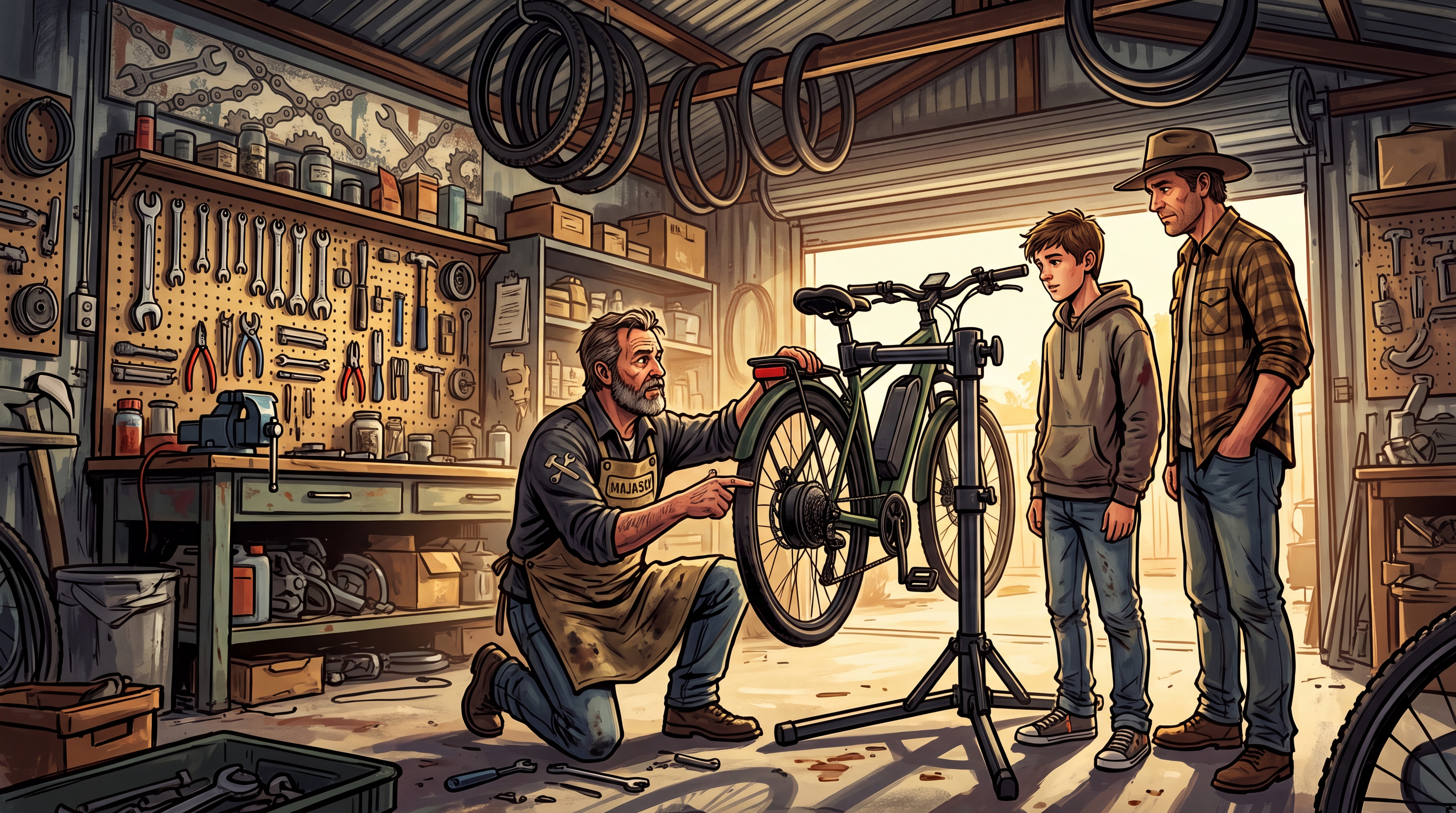 In a bike workshop, a mechanic points to the rear hub motor of an e-bike on a repair stand while a teen and parent listen.