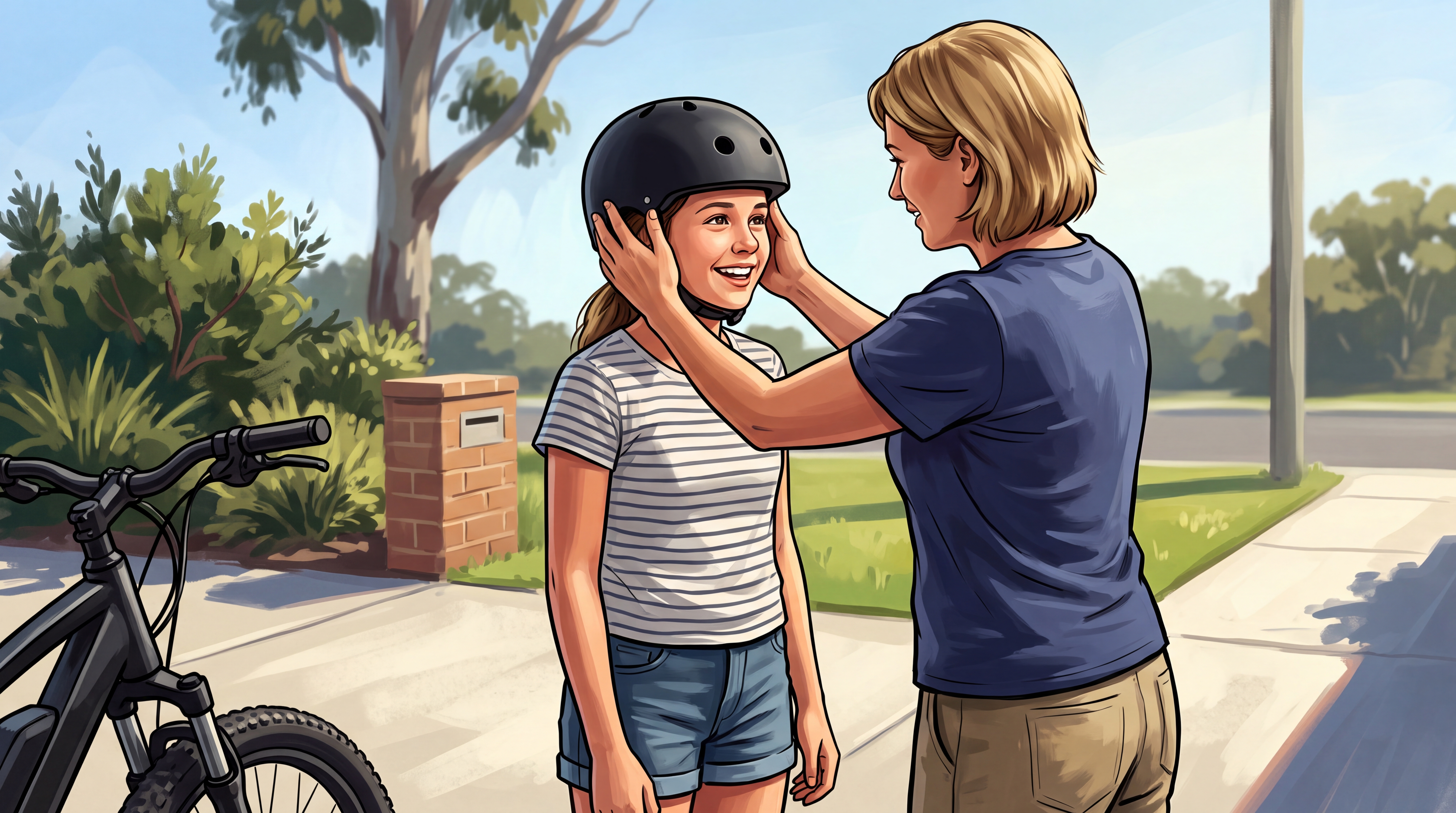 A mum checks that her teen daughter's helmet sits straight on a sunny driveway beside her new e-bike.