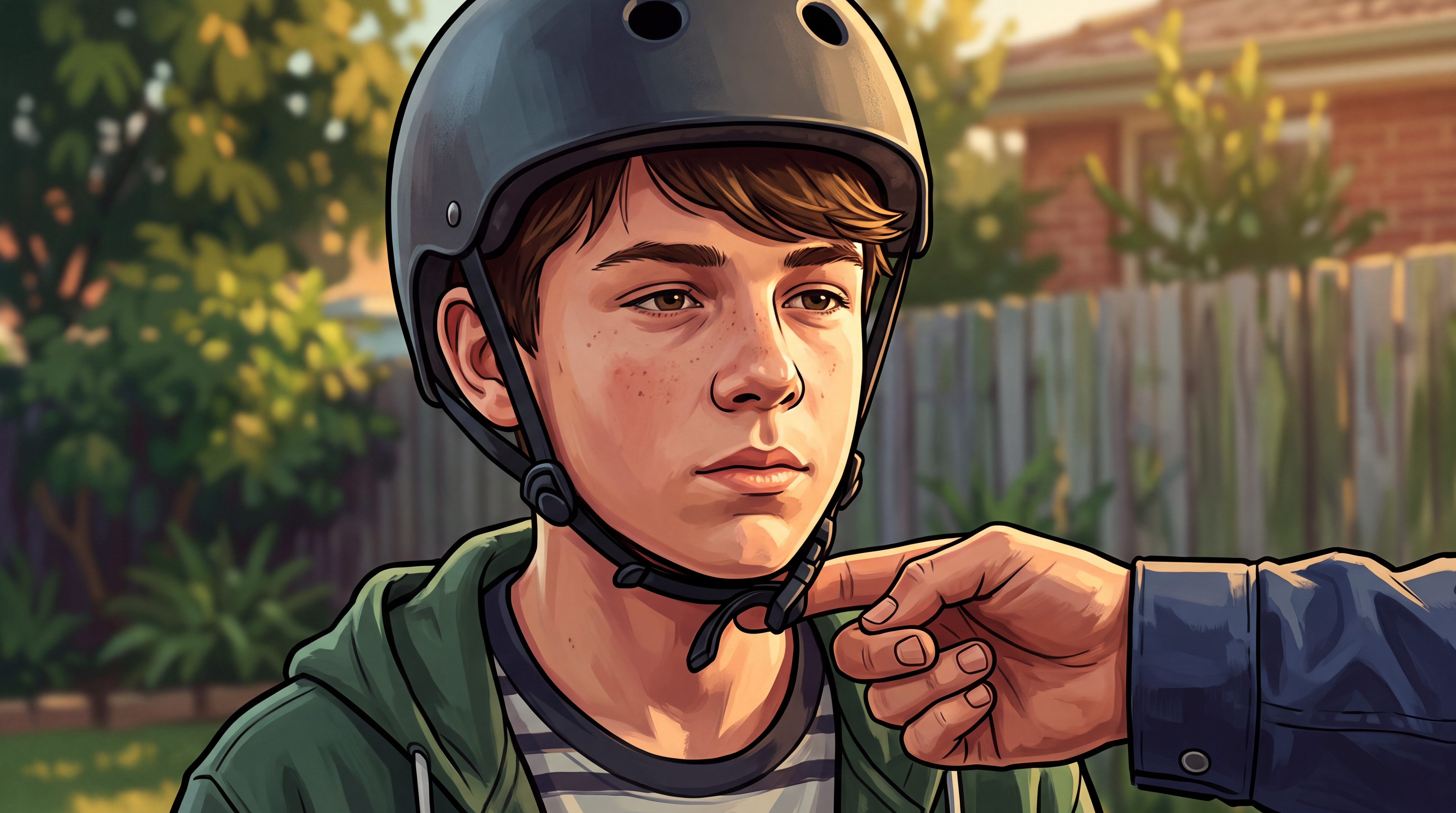Close-up of a dad checking that one finger fits between his teen's fastened helmet buckle and chin.