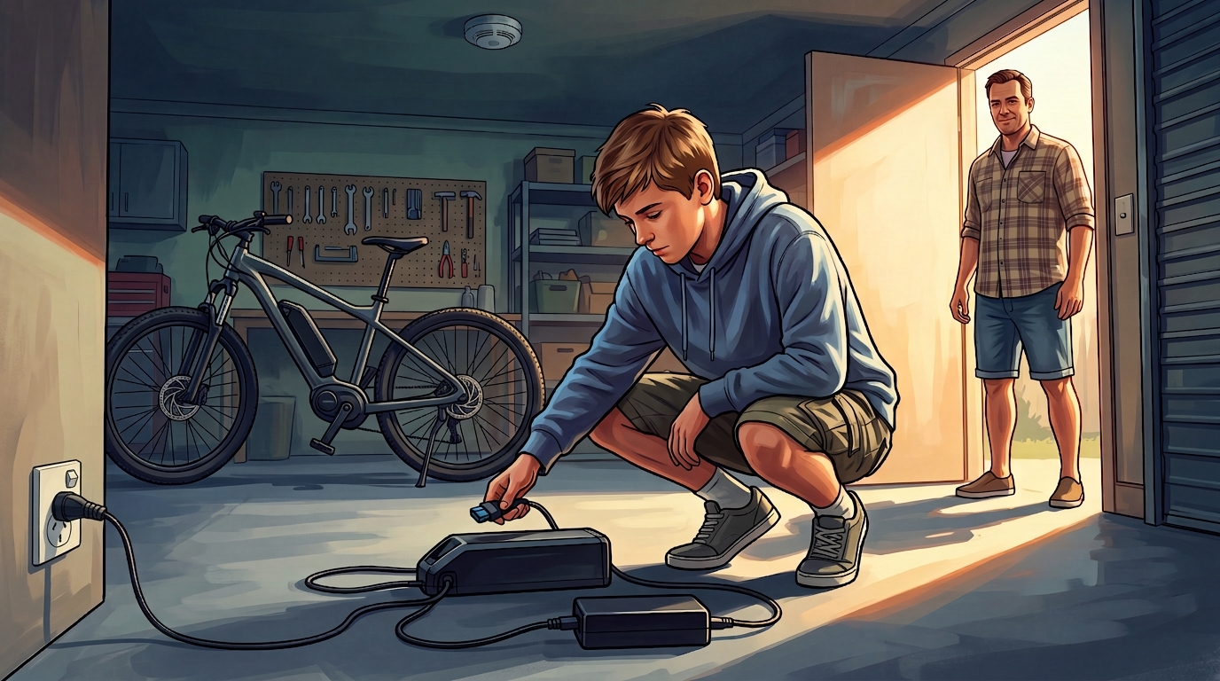A teen unplugs an e-bike battery charging on a concrete garage floor under a ceiling smoke alarm while his dad watches from the doorway.