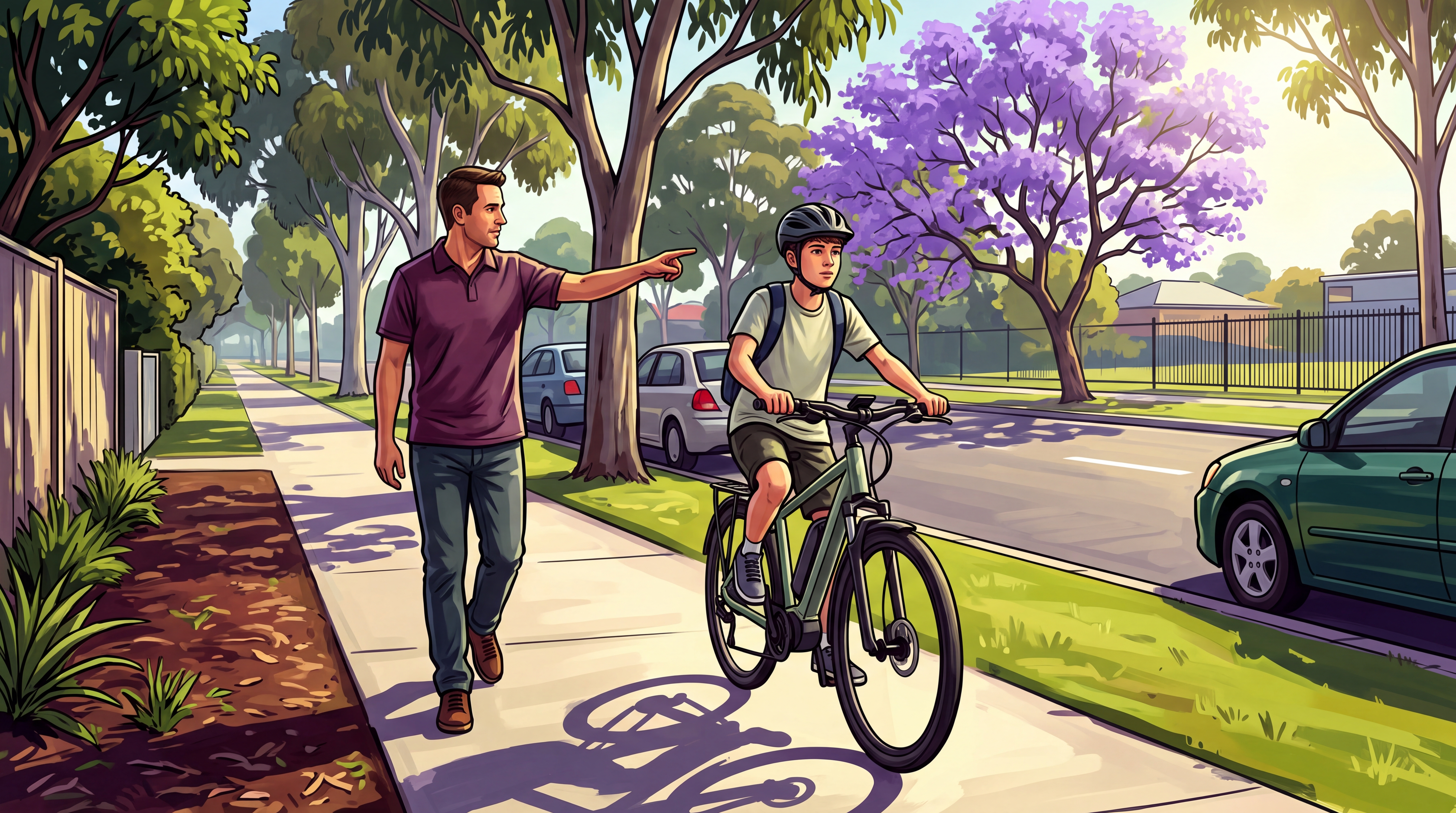 A teen in a fastened helmet rides an e-bike slowly along a suburban path while his dad walks beside him and points out the route.