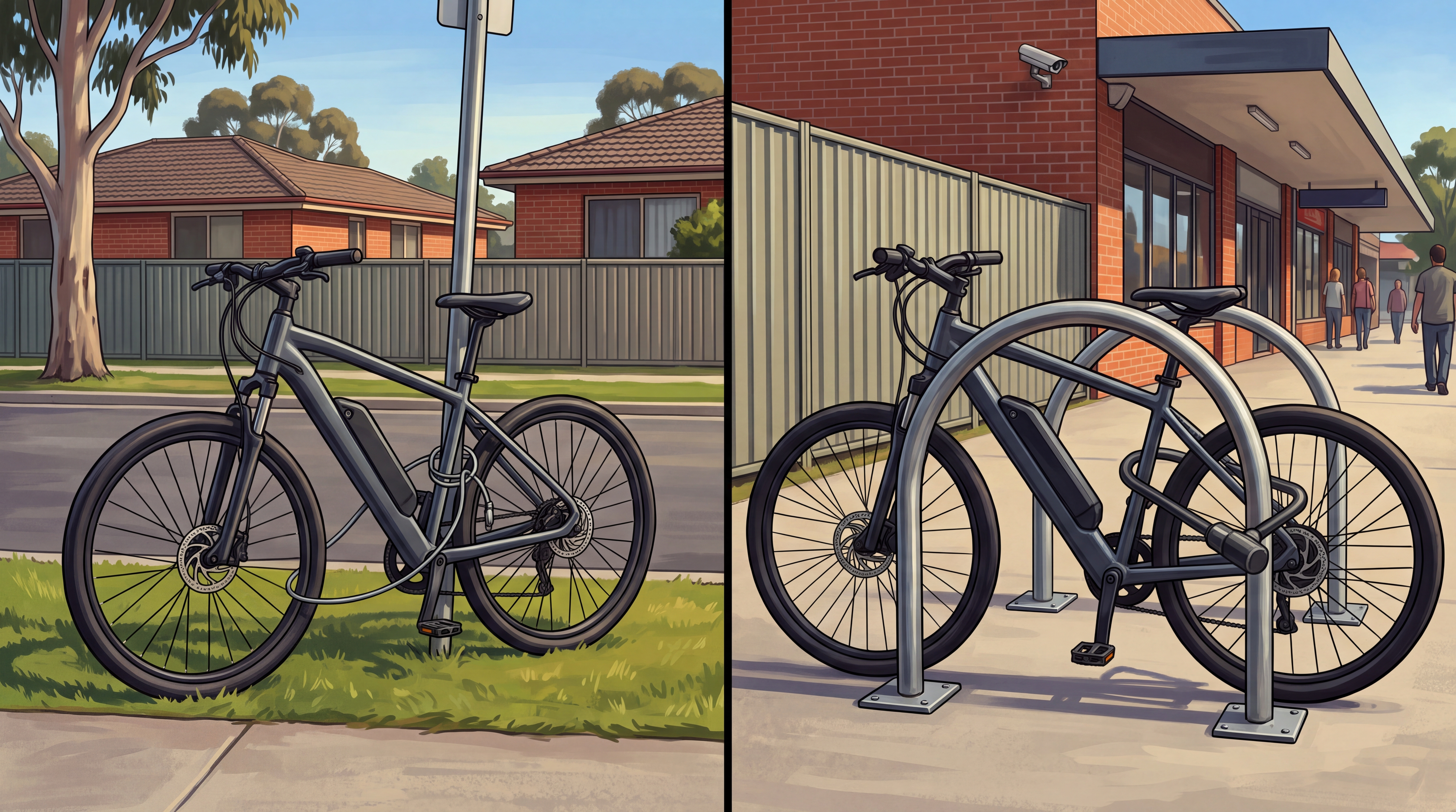 A split image comparing a thin cable looped only through an e-bike's front wheel on an isolated signpost with a D-lock securing the frame and rear wheel to a bike rack bolted to the footpath outside shops.