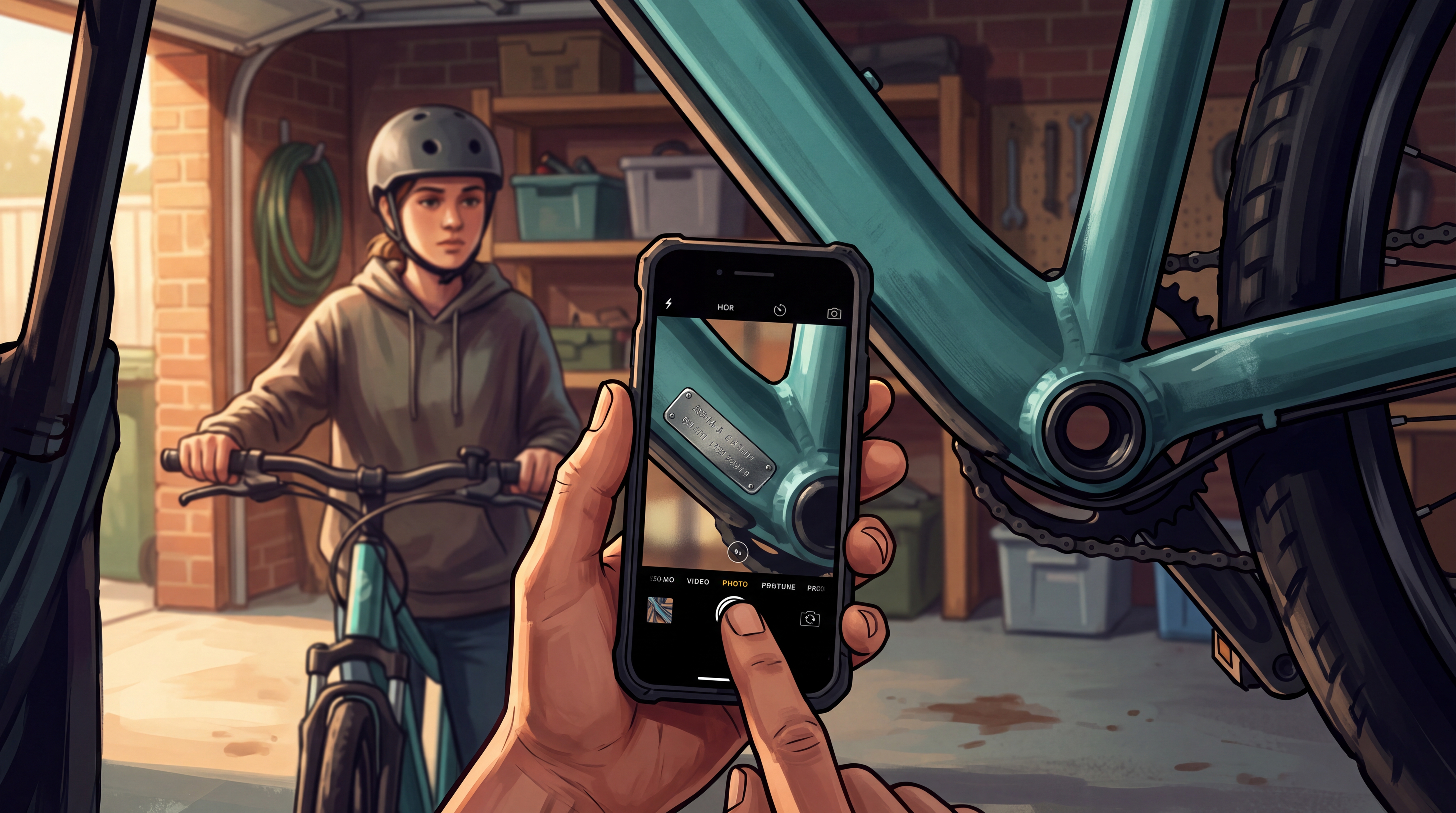 Close-up of a parent's hand photographing the serial plate under an e-bike frame with a phone, while a teen in a helmet waits behind.
