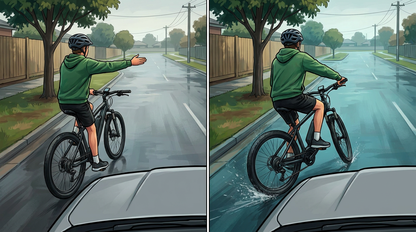 The same moment from a driver's seat: a clear outstretched arm, or a rider drifting right with no warning at all.