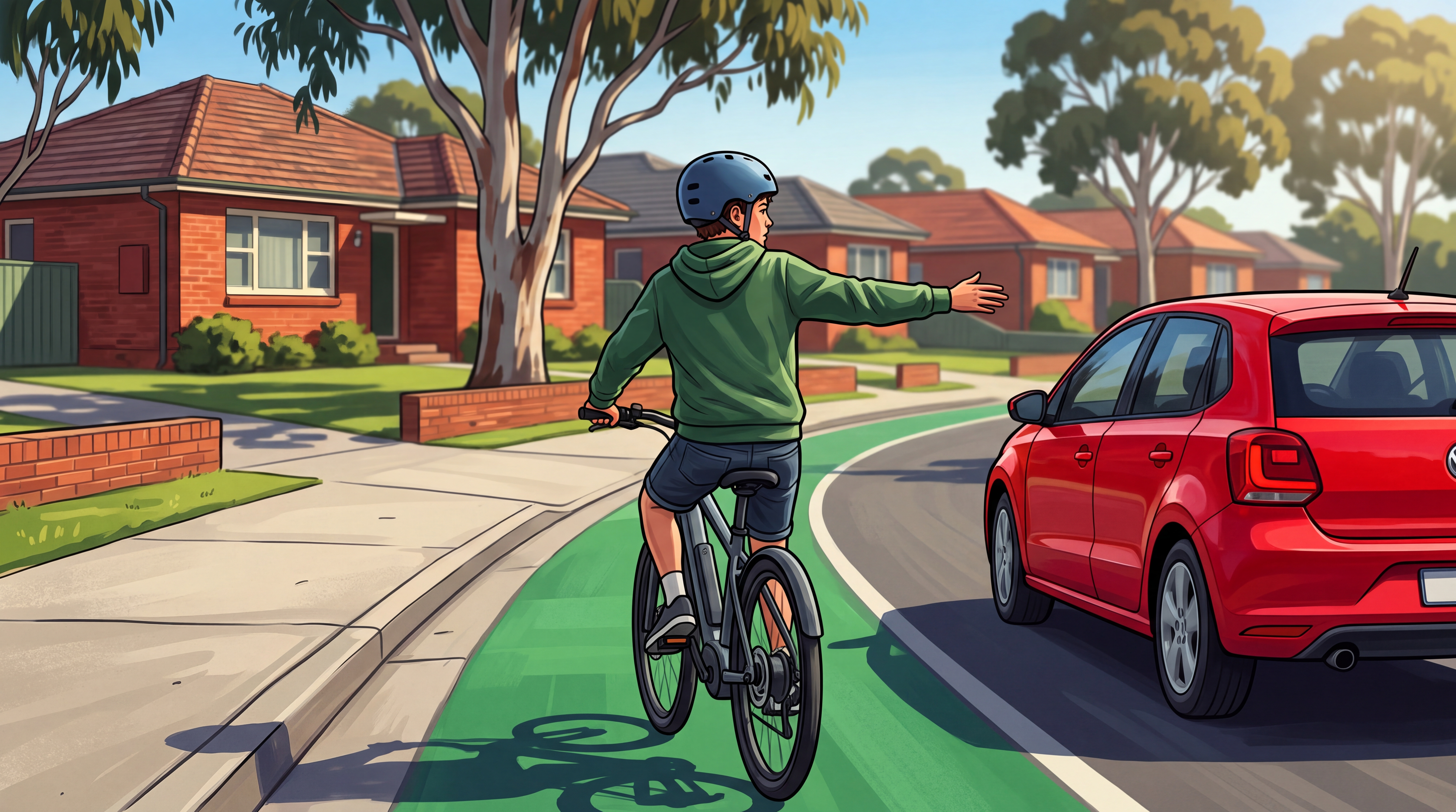 A teen rider in a bike lane by the kerb holds his right arm out to signal on a suburban Sydney street, with a red car in the lane beside him.