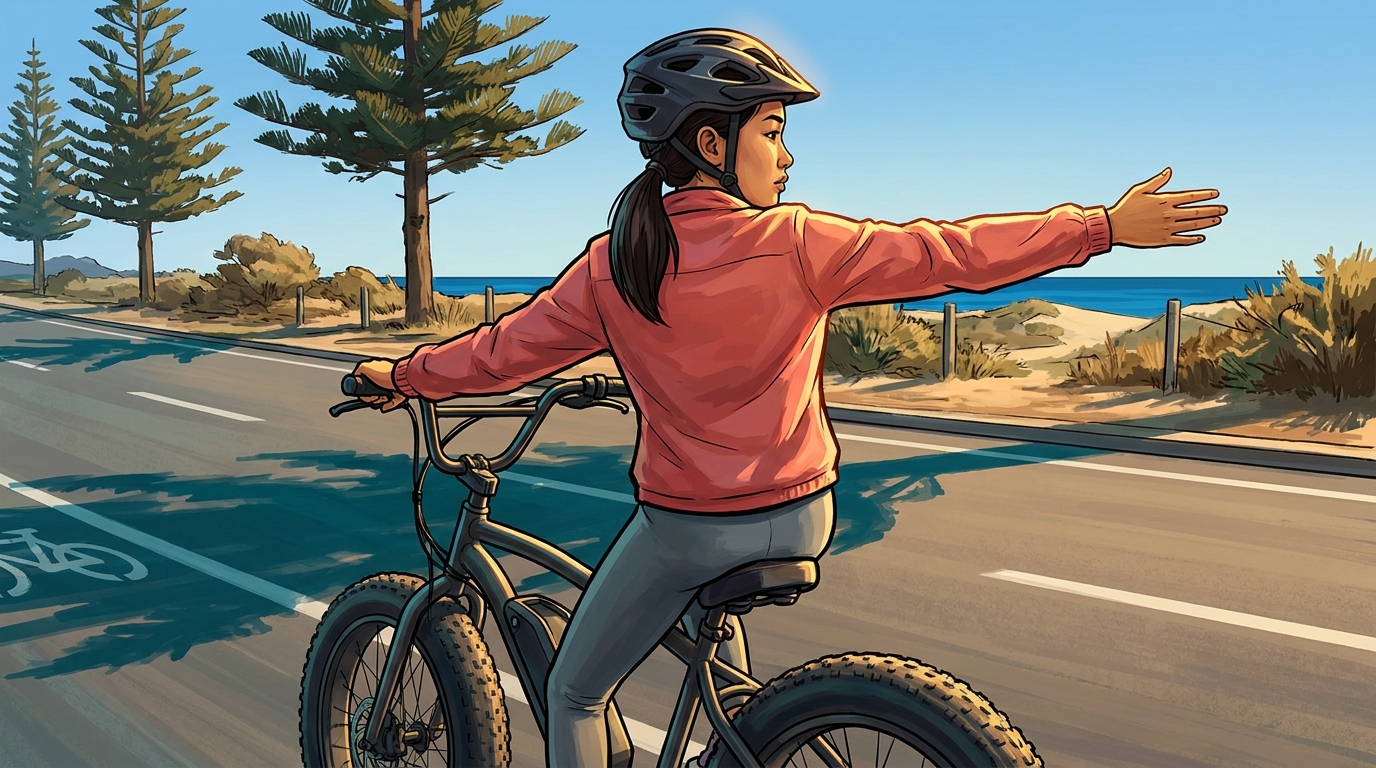 A teen checks over her right shoulder as she signals a right turn on a coastal road.