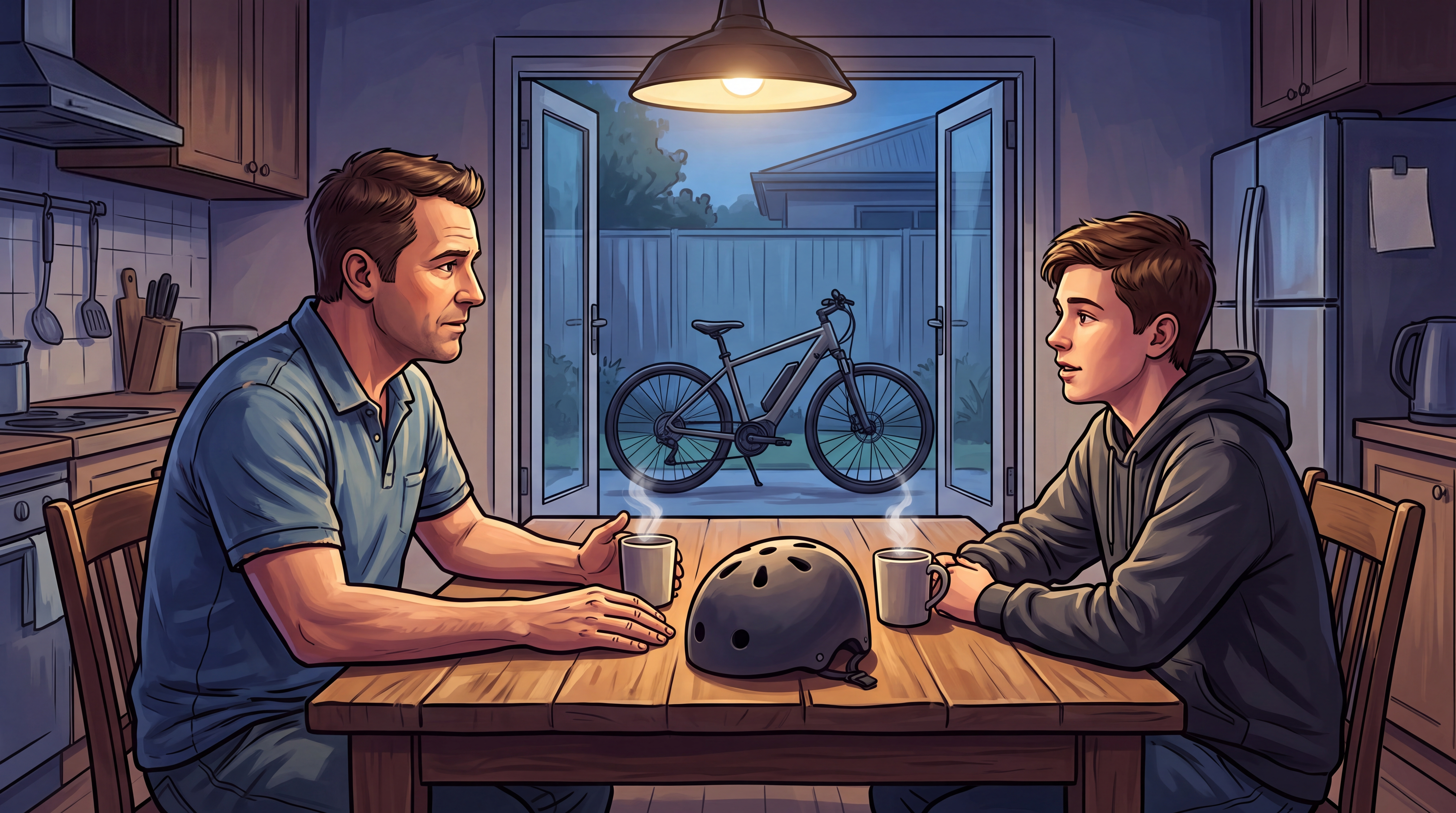 A dad and his teenage son talk at the kitchen table with a helmet between them and an e-bike parked outside the back door.