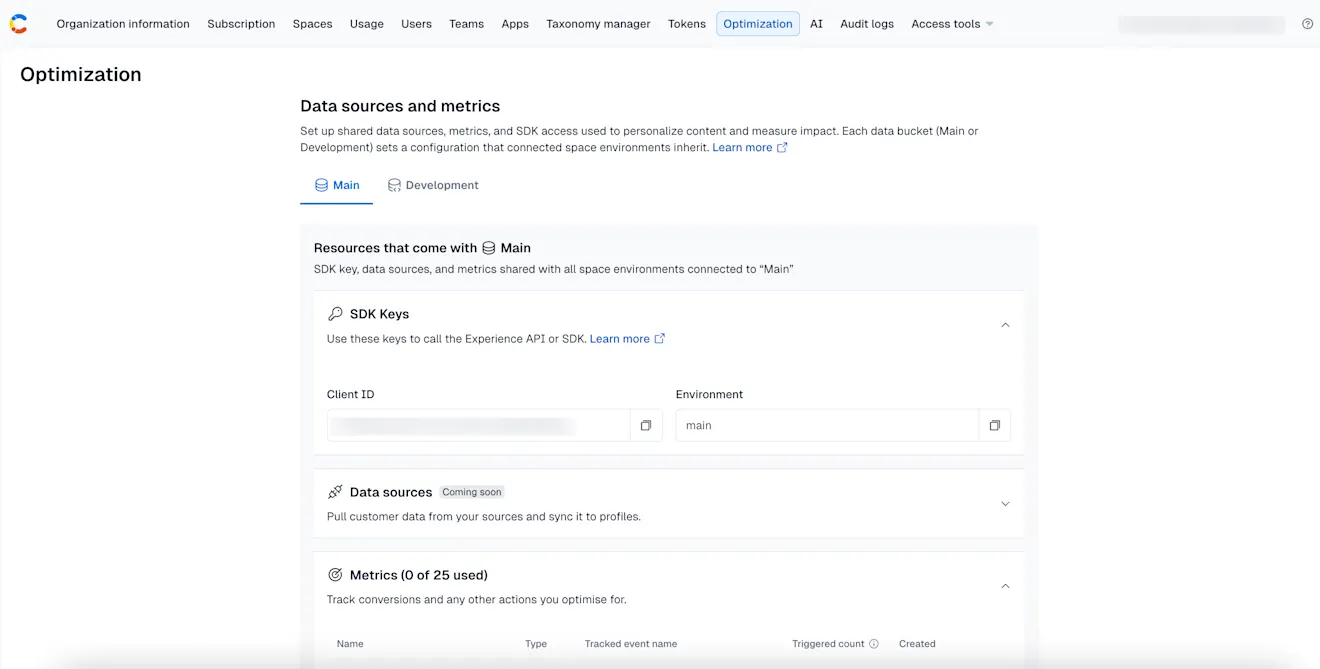 Contentful Personalization: The Optimization tab
