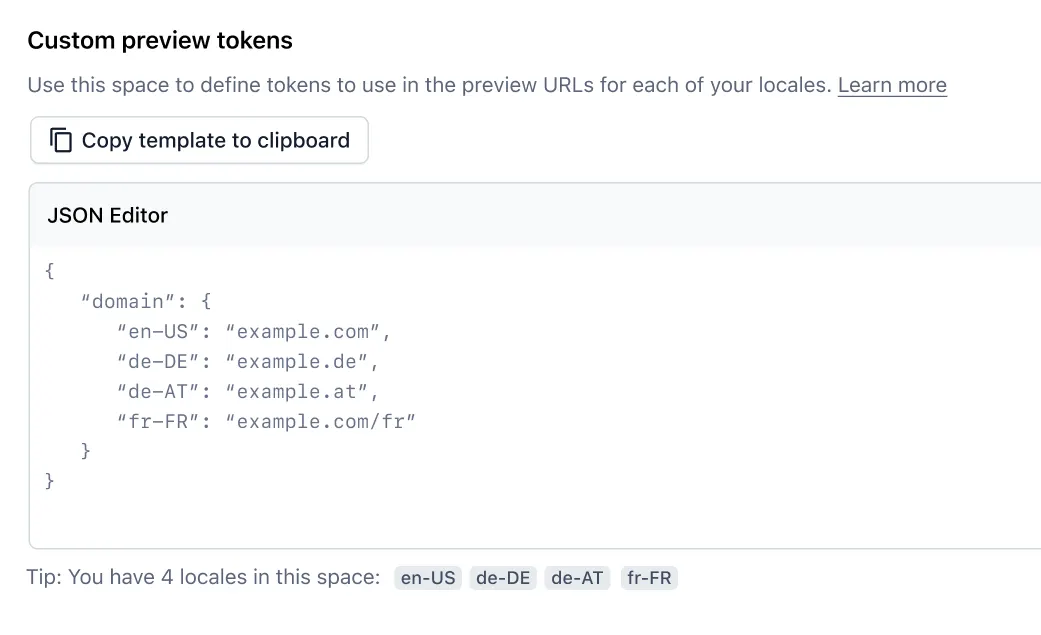 Custom preview tokens JSON editor