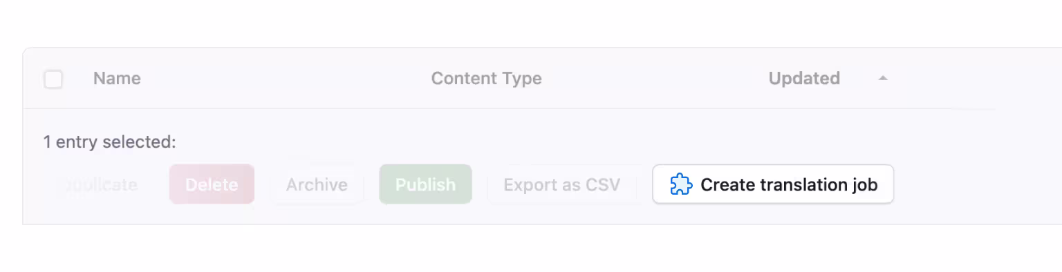 A screenshot of the Contentful web app, focusing on a custom entry action added through the new App Actions capability