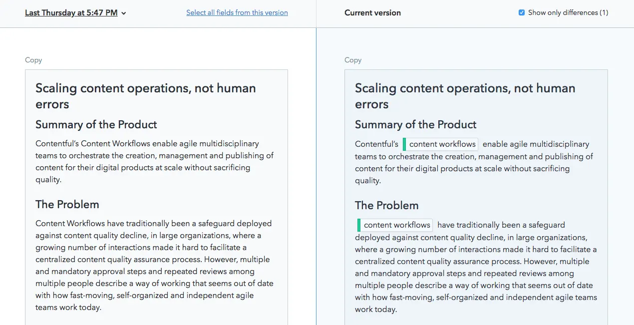 Compare versions with rich text