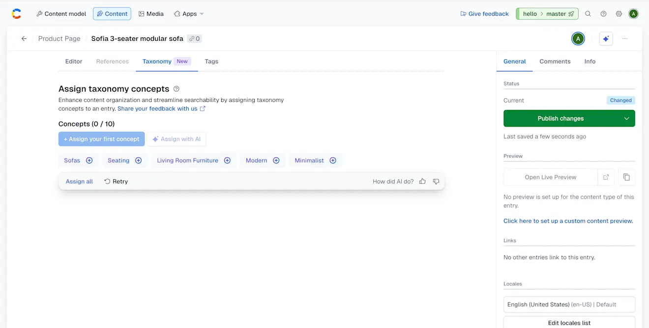 AI taxonomy assignment feature 