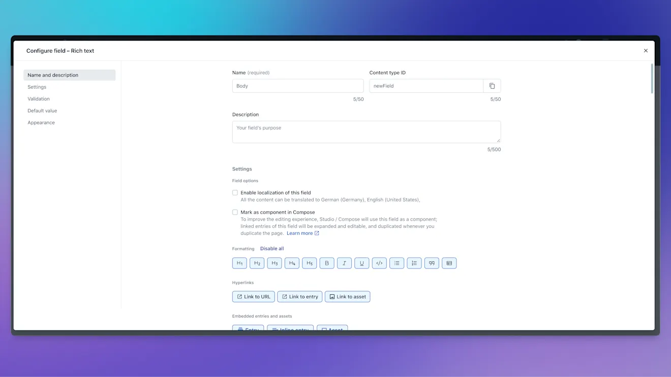 Content type editing - field configuration