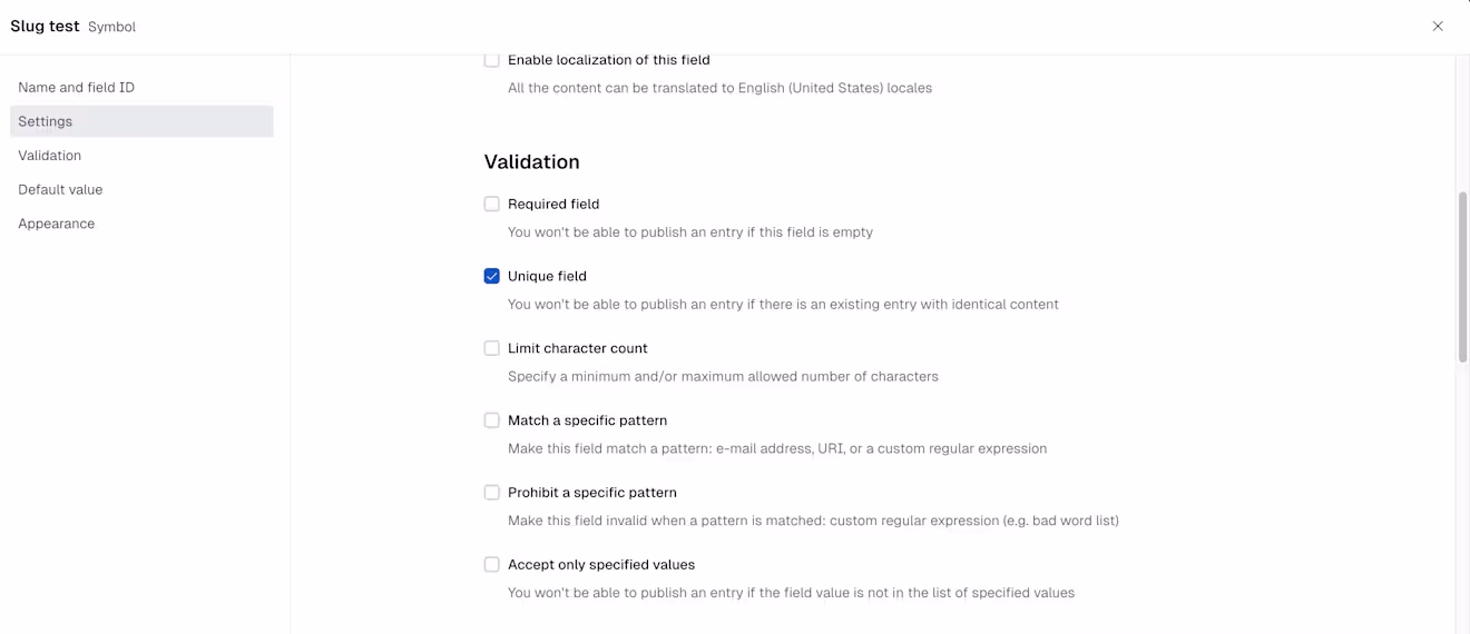 Content model editor: the Validation section