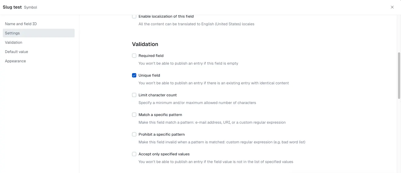 Content model editor: the Validation section