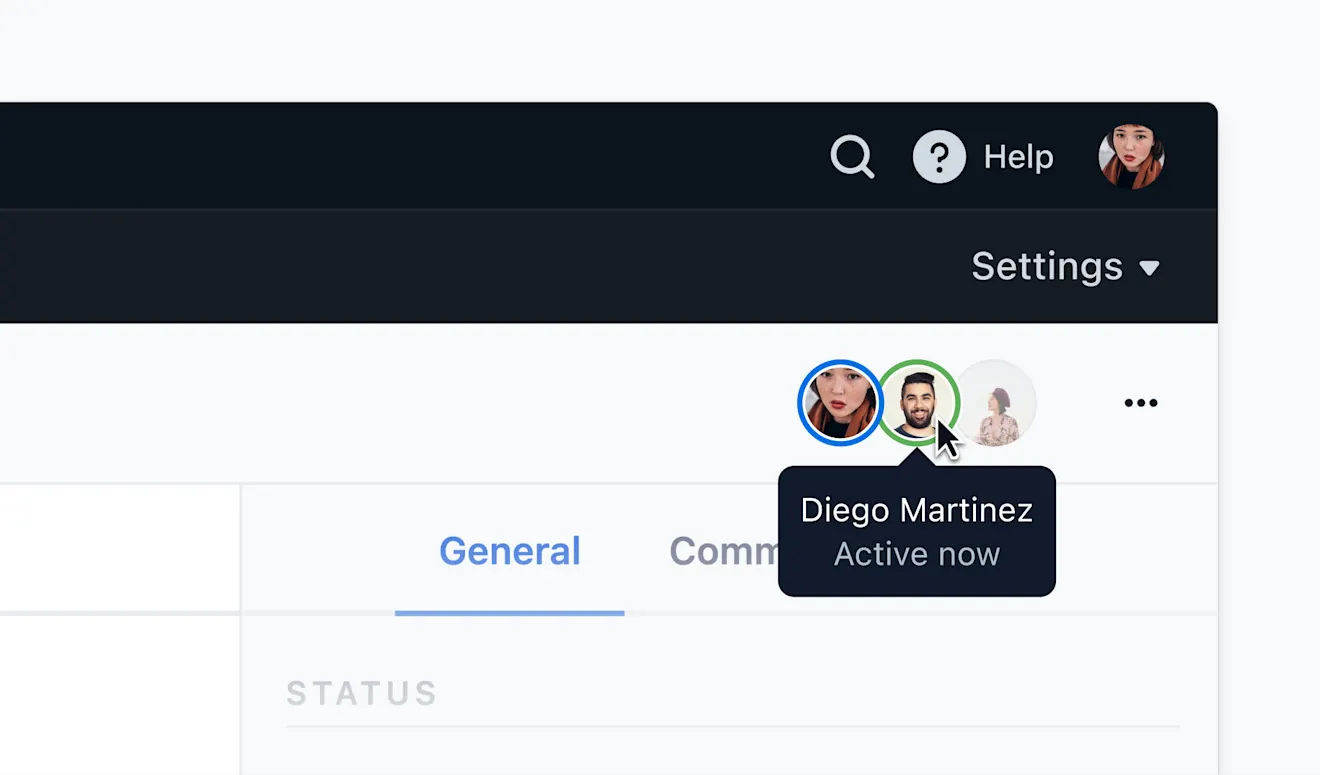 Screenshot of the presence indicator in Contentful, showing three users working on the same entry, one of them inactive