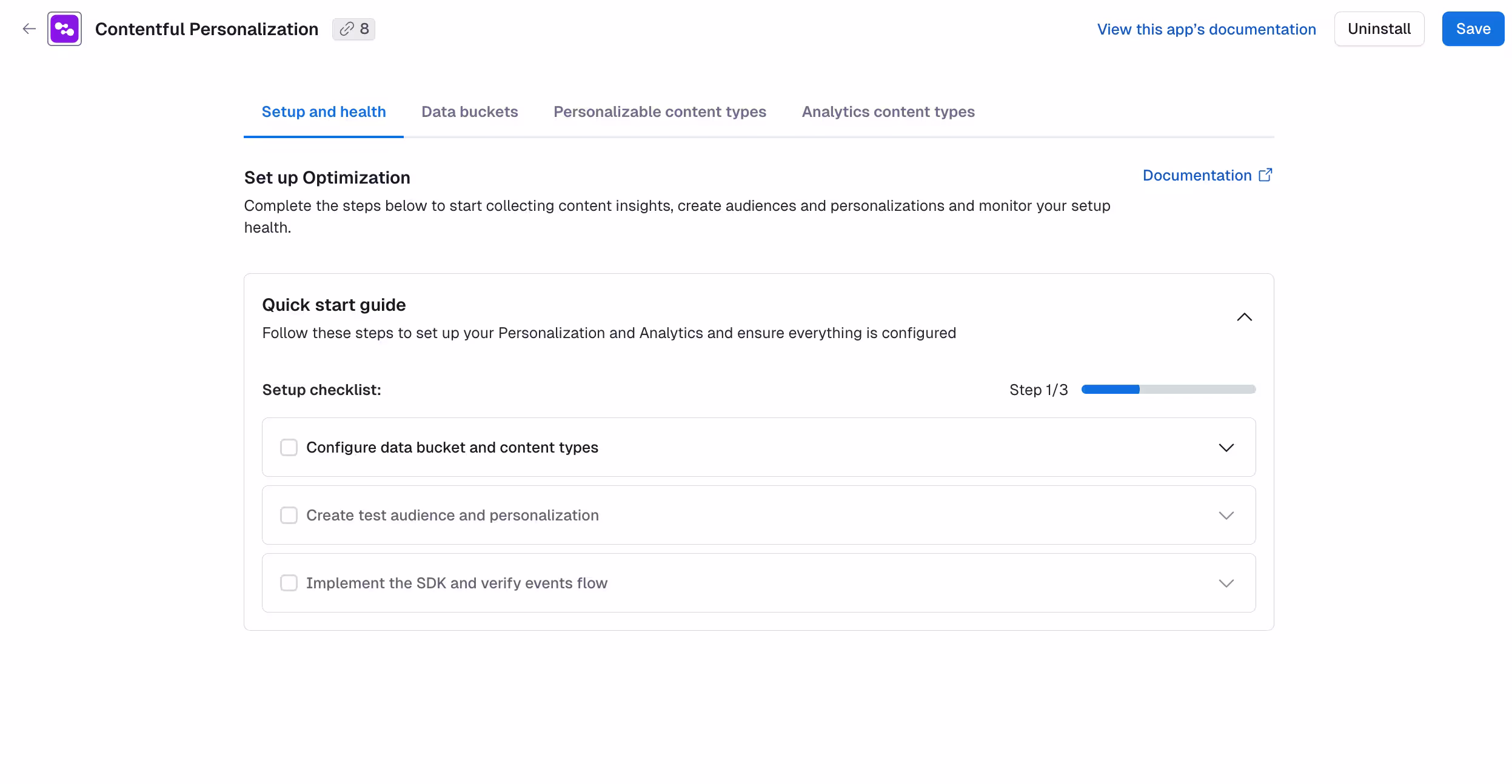 The Setup and health tab in Contentful Personalization