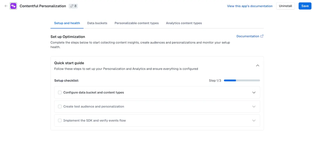 The Setup and health tab in Contentful Personalization