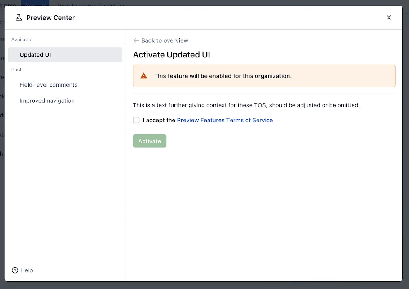 preview center accept terms and service