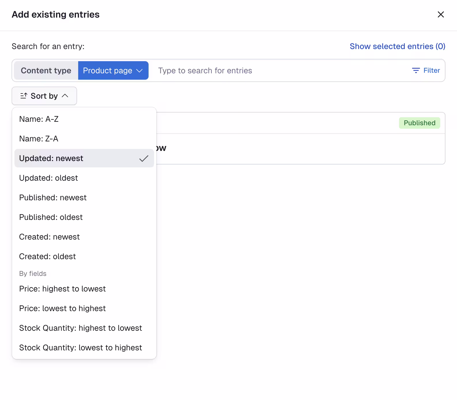 Search for entries in field selector - Sort by 