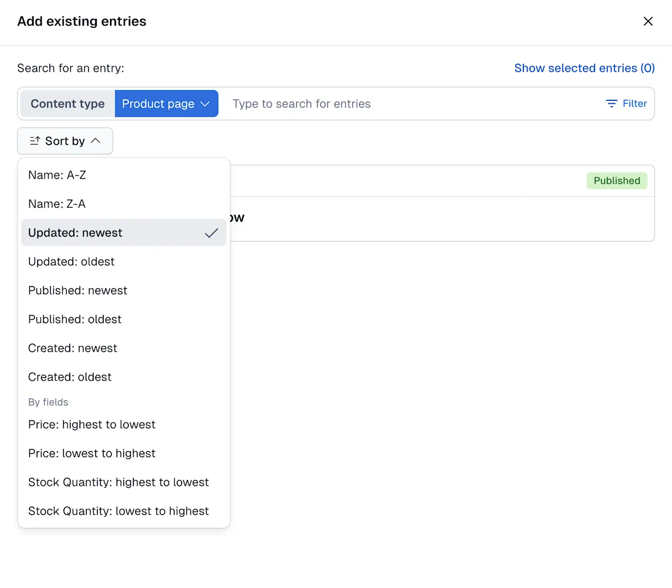 Search for entries in field selector - Sort by 