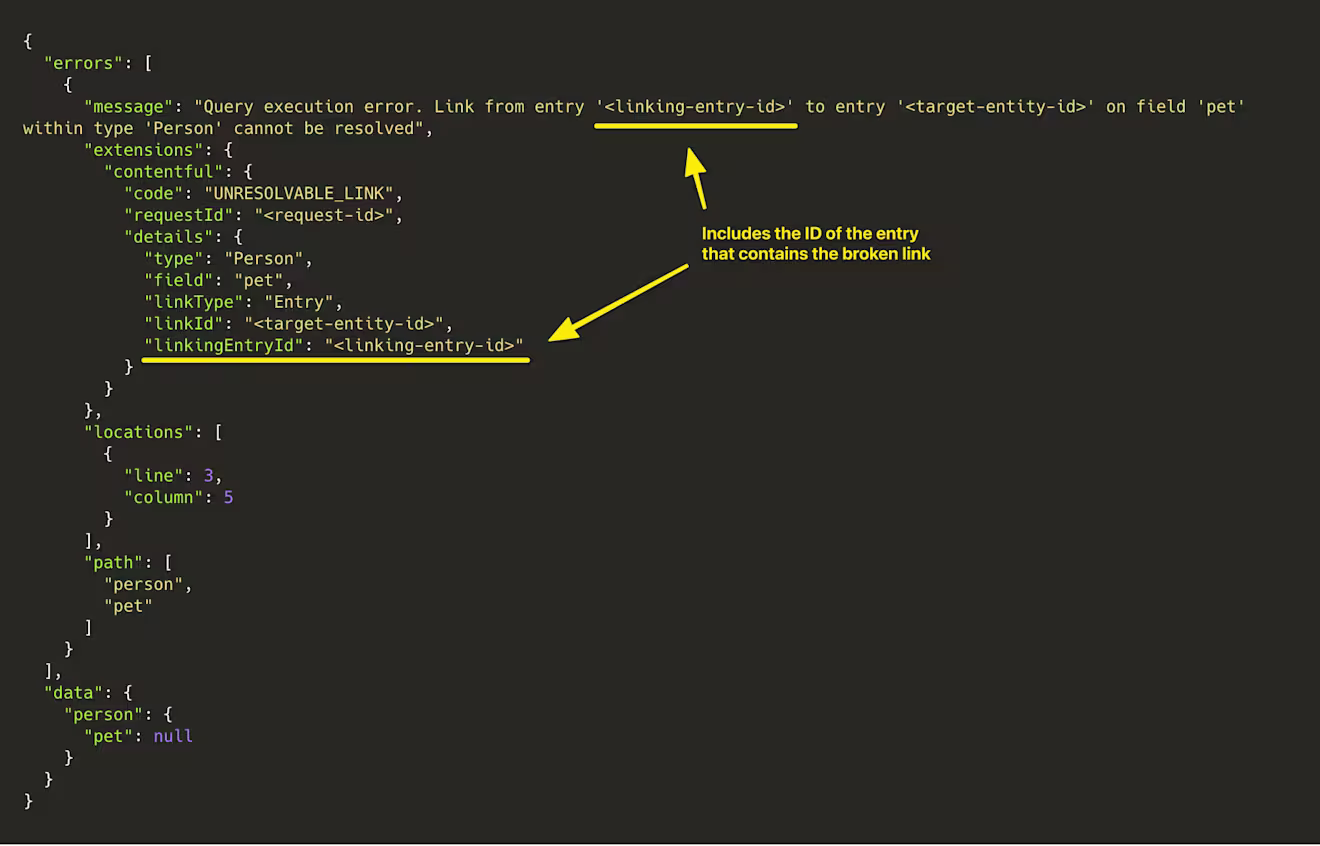 More detailed error messages for GraphQL Content API if an entry contains a broken link