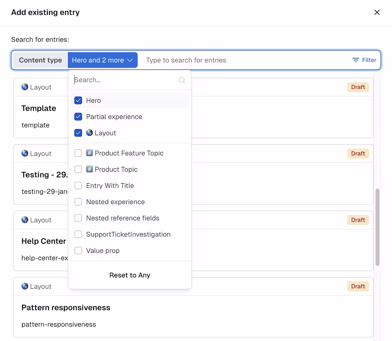 Content type multiselector - search