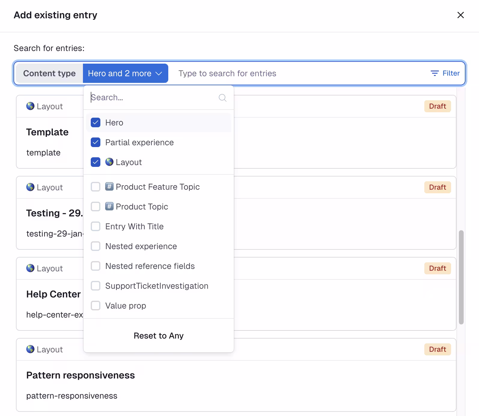 Content type multiselector - search