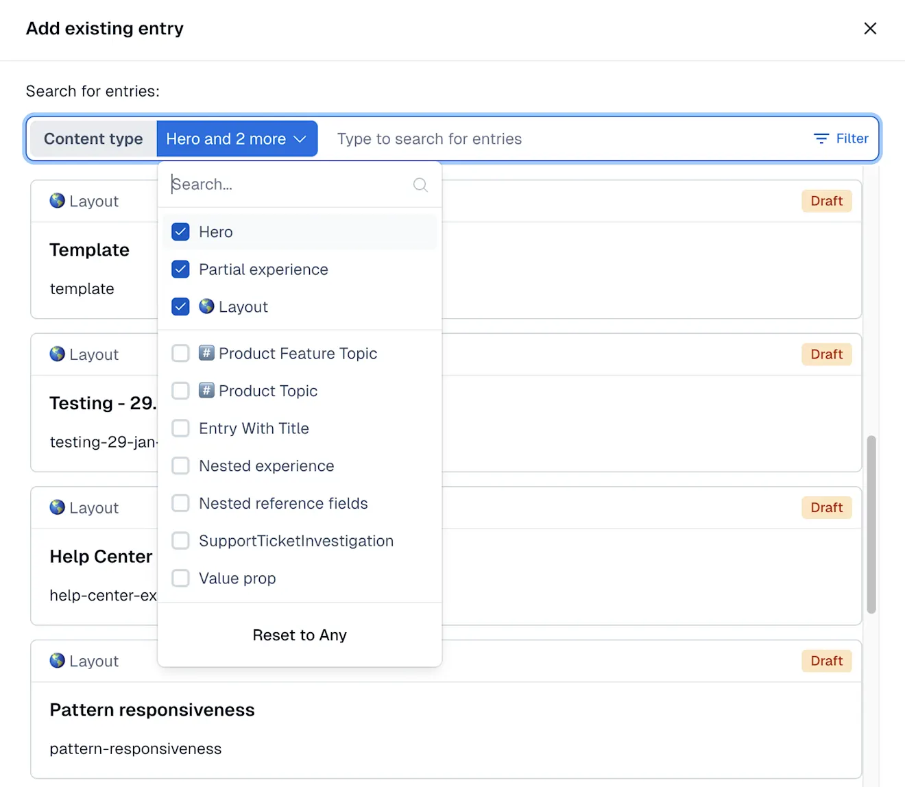Content type multiselector - search