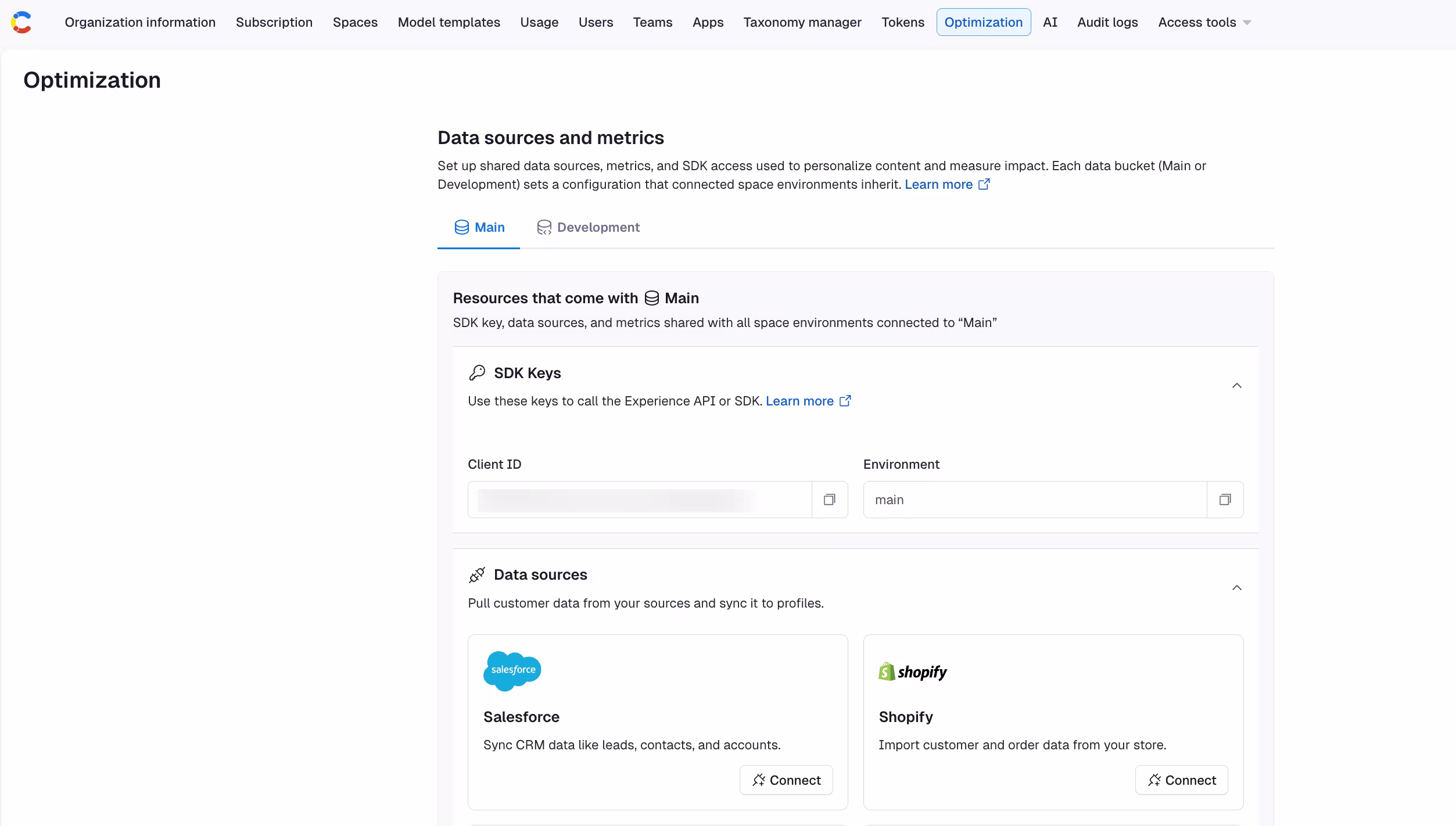 Optimization tab in the org settings of Contentful Personalization