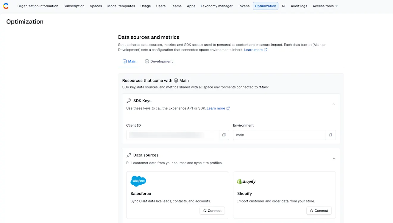Optimization tab in the org settings of Contentful Personalization