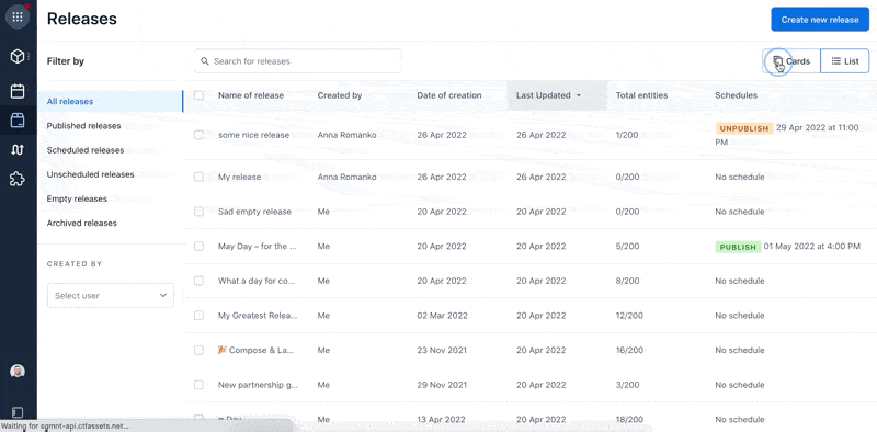 List view – Release management in Launch