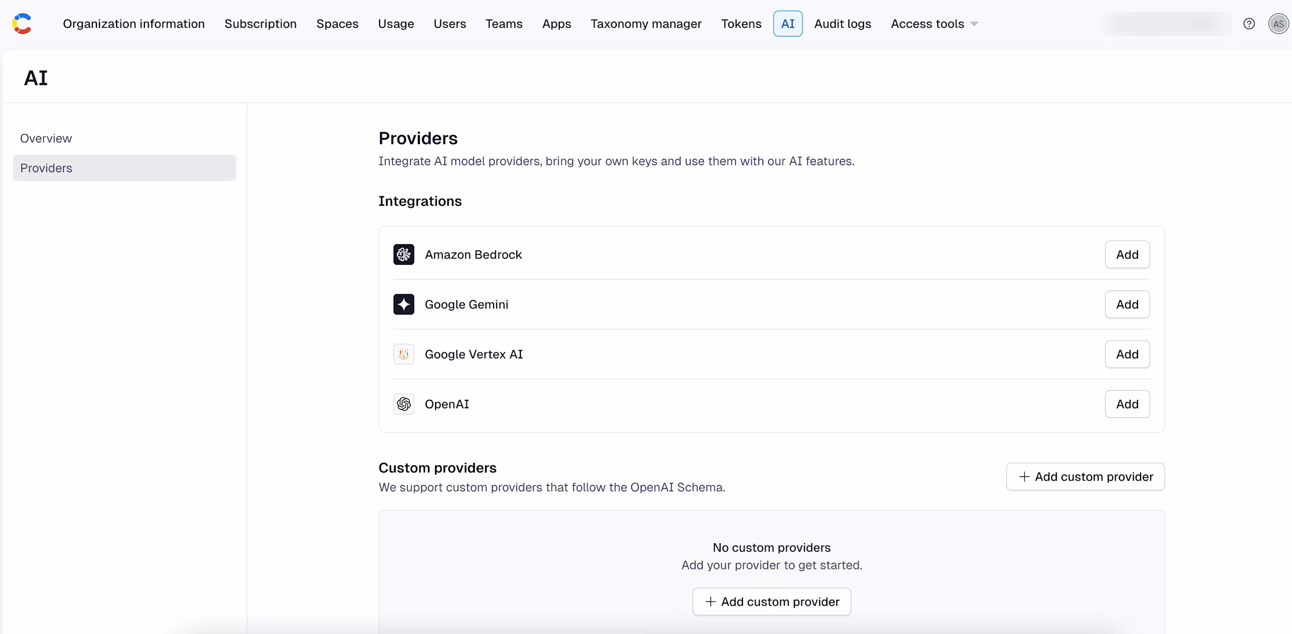 The AI tab with the BYOM AI providers