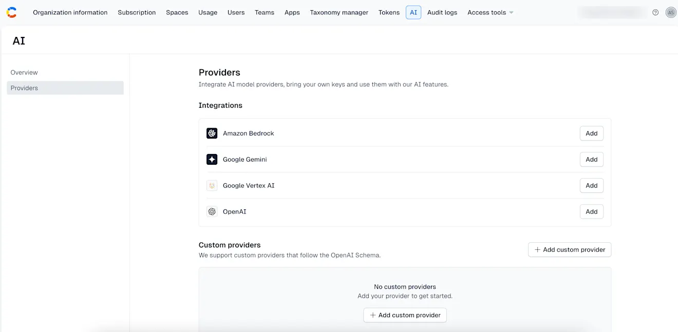 The AI tab with the BYOM AI providers