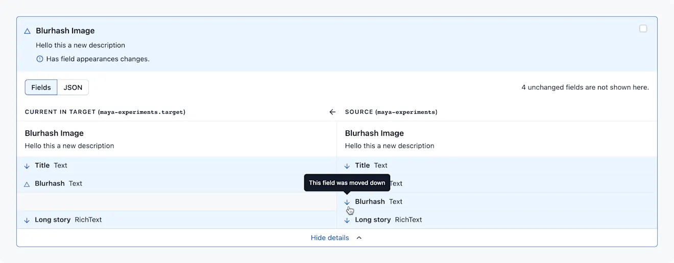 Example of a Content Type Diff in the Merge app with a field move
