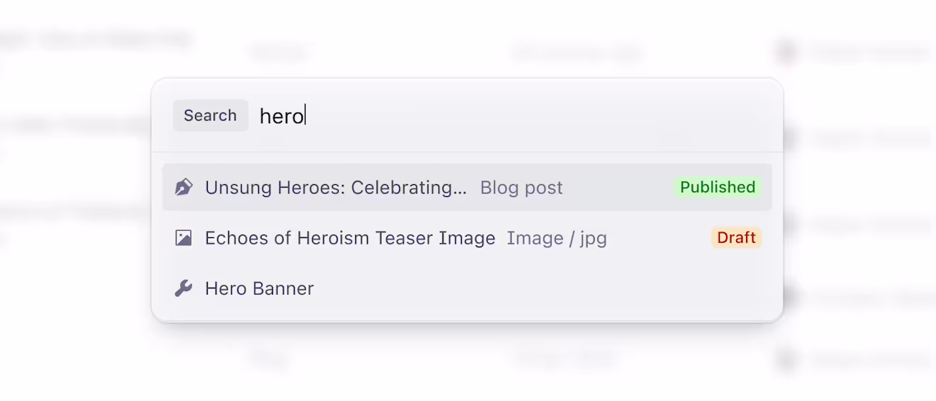 The new Contentful quick search, showing the search term "hero" and three search results across different entities in a Contentful space
