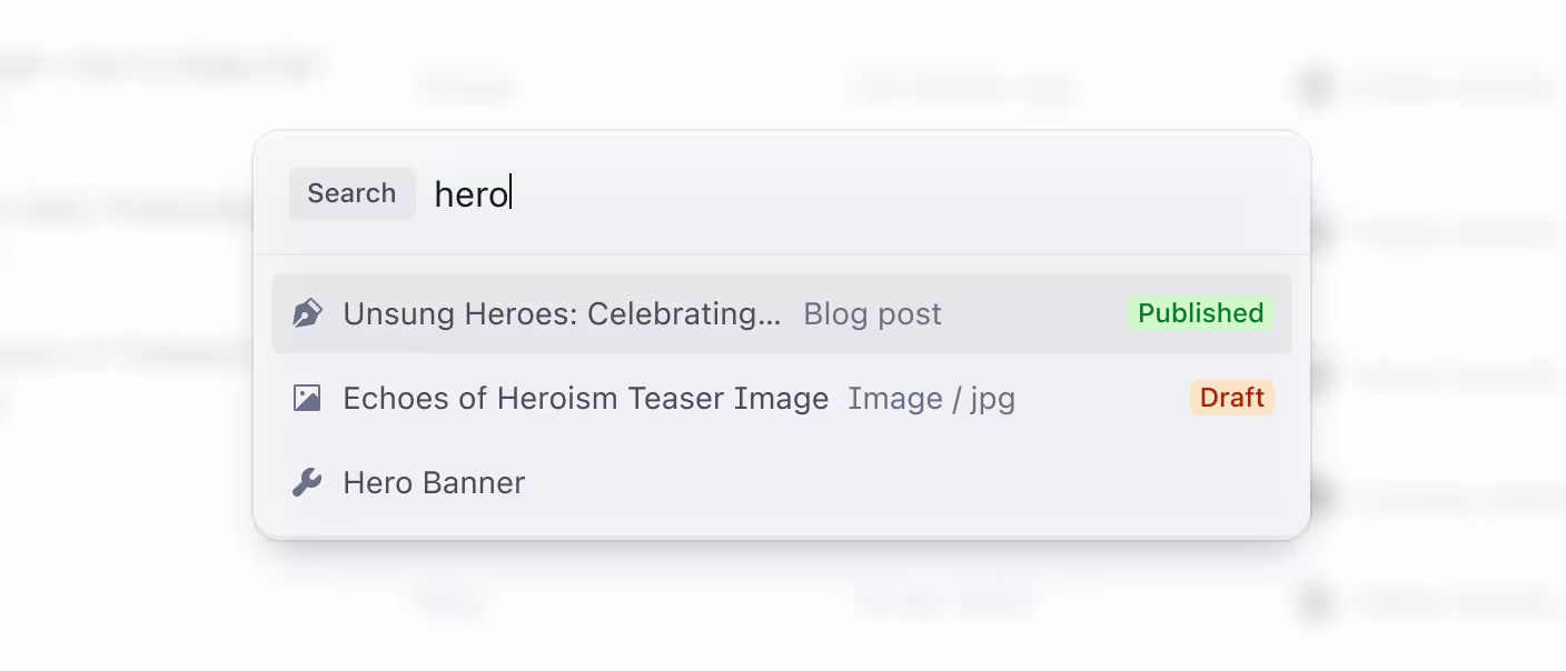 The new Contentful quick search, showing the search term "hero" and three search results across different entities in a Contentful space