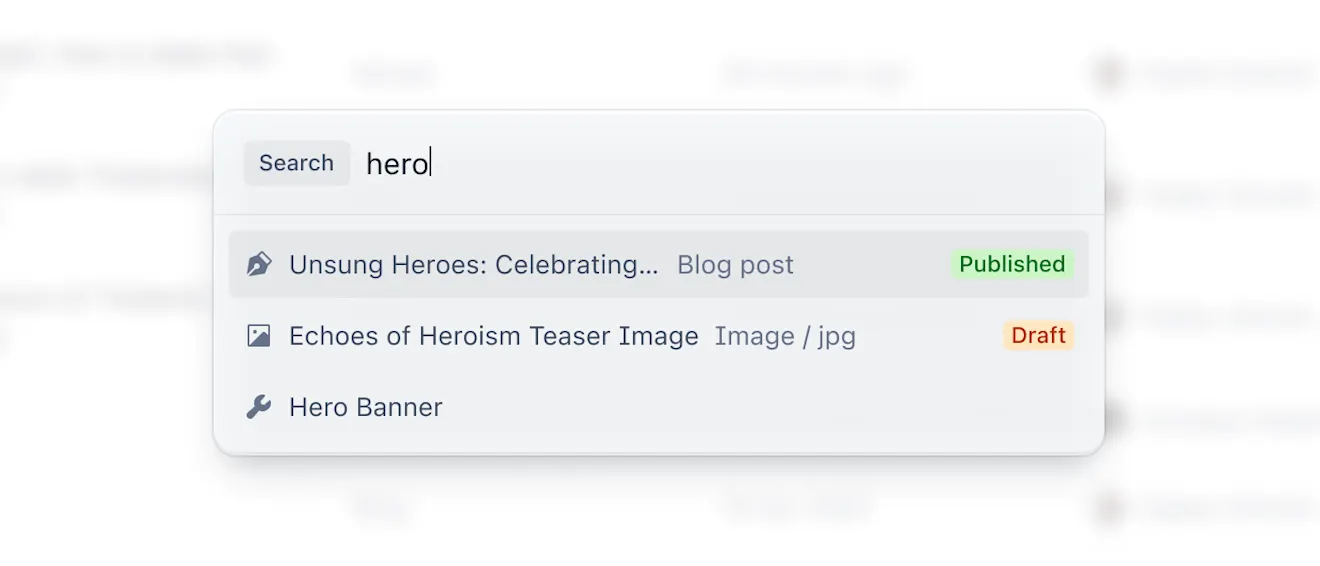 The new Contentful quick search, showing the search term "hero" and three search results across different entities in a Contentful space