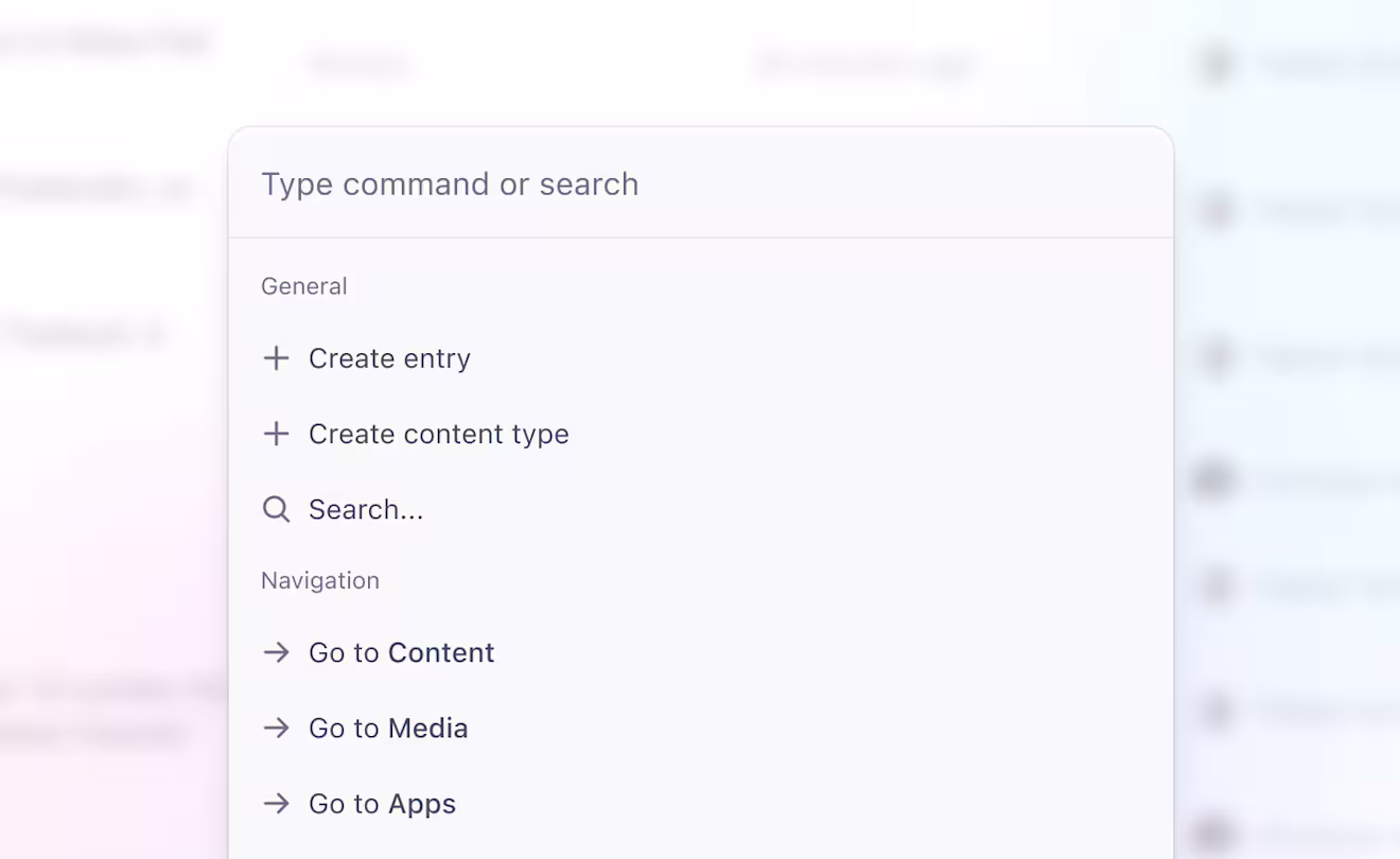The new Contentful command palette in action, listing commands inside a modal to navigate the platform