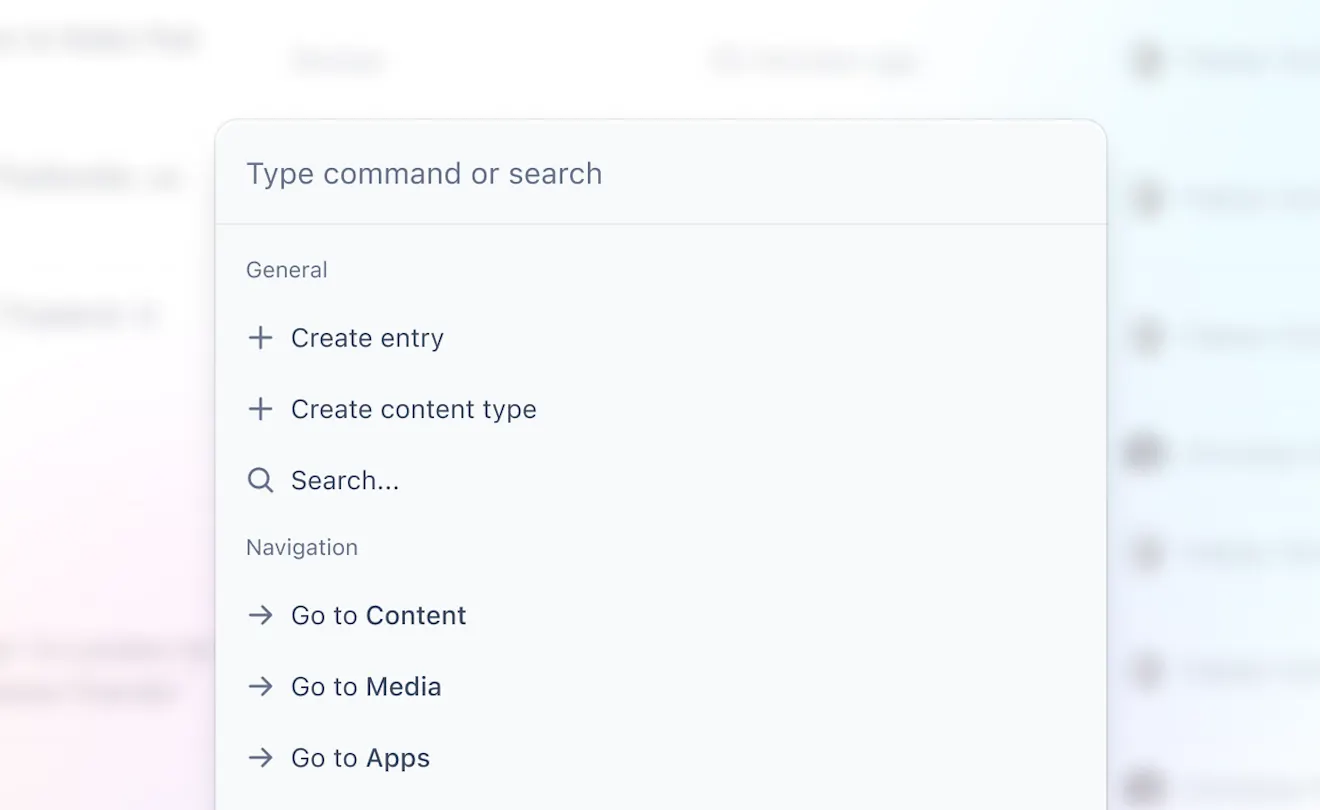The new Contentful command palette in action, listing commands inside a modal to navigate the platform